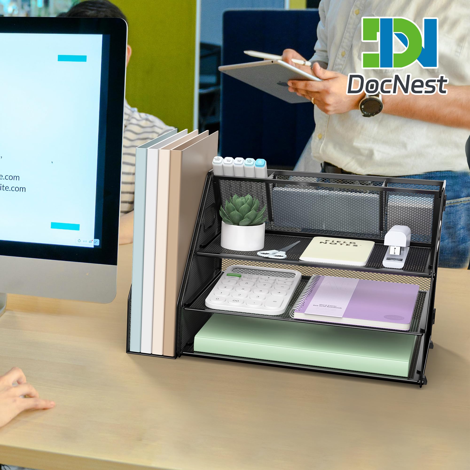 DocNest Vassoio per lettere a 3 livelli, organizer da scrivania in rete con manico, organizer da scrivania con portapenne, accessori da scrivania per ufficio, organizer da scrivania per forniture per