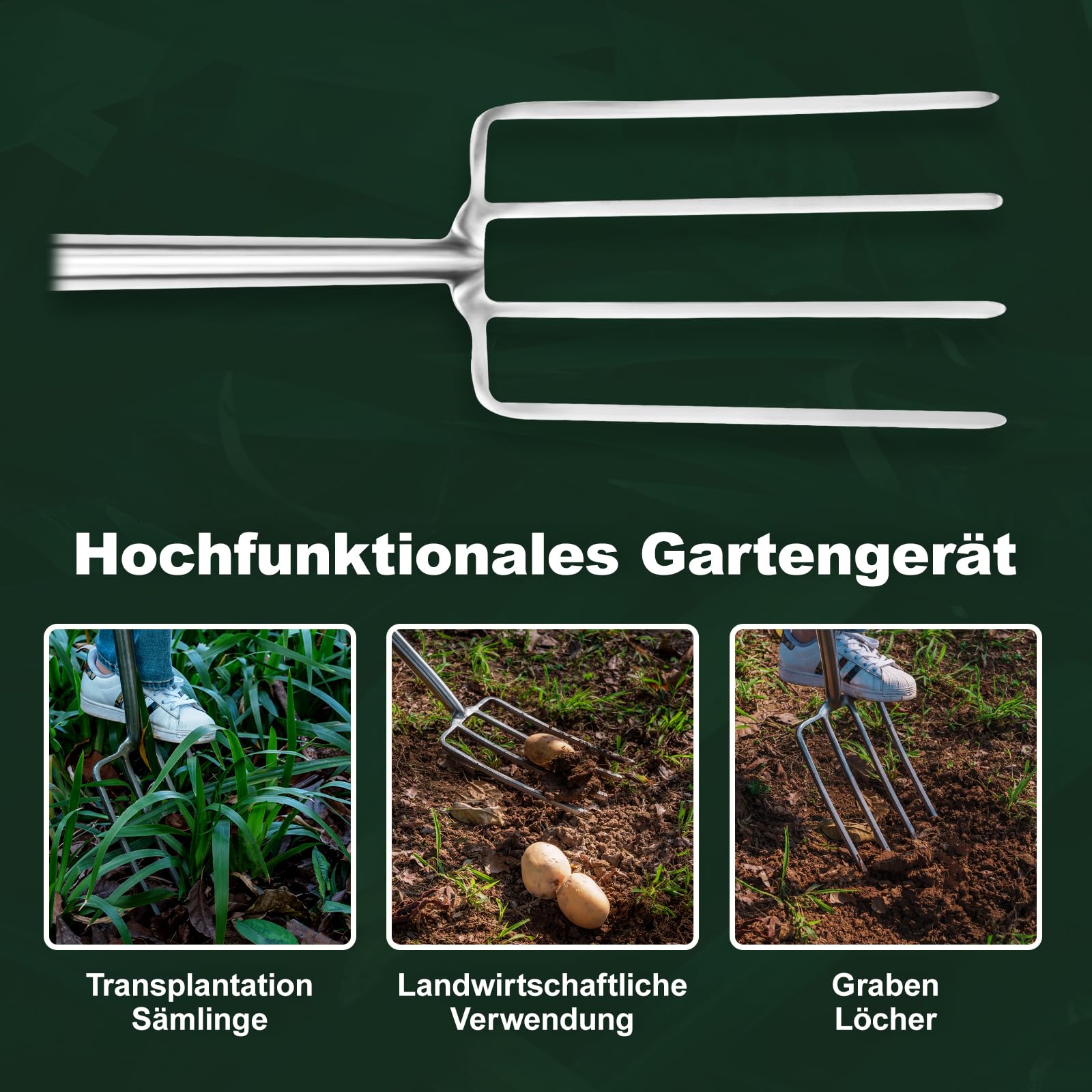 Grabegabel, Edelstahl Spatengabel, Mit Ergonomischem D-Griffholzgriff, Mit 4-Krallen, Länge: 109cm