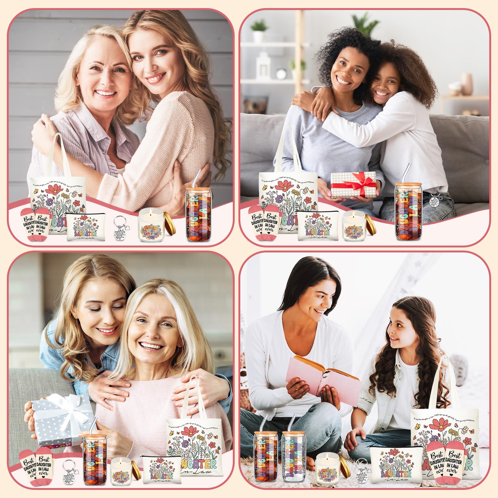 Funnymoom 6 Pcs Daughter in Law Gifts from Mother in Law with 17 oz Glass Cup Canvas Tote Bag for Birthday Wedding Gifts