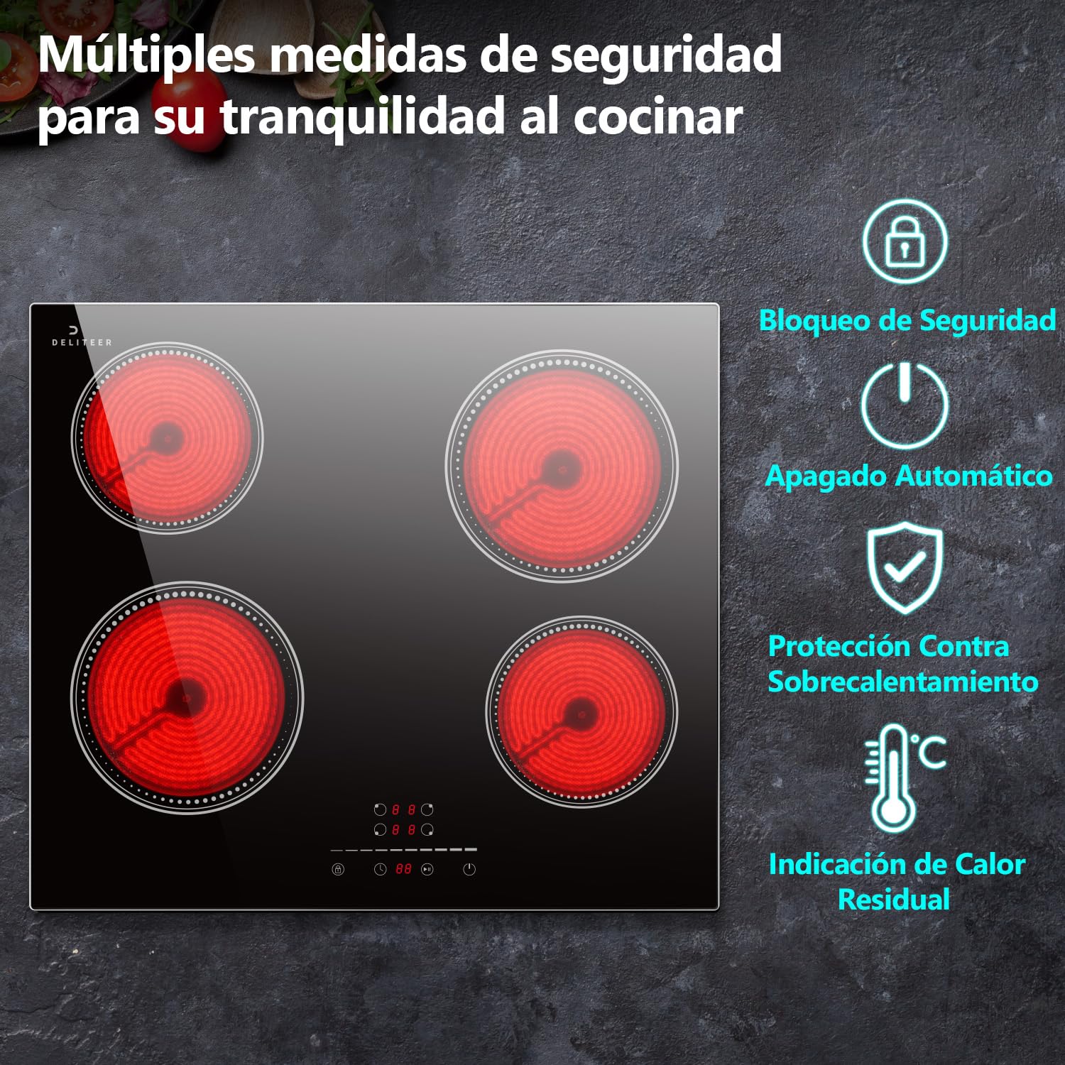 Placa Vitroceramica 4 Fuegos, Placas Vitrocerámica Empotrable | 60 cm, Control Táctil Deslizante, Bloqueo de Seguridad, Temporizador, Función Pausa, 220 V - 240 V, 6000 W, sin Enchufe