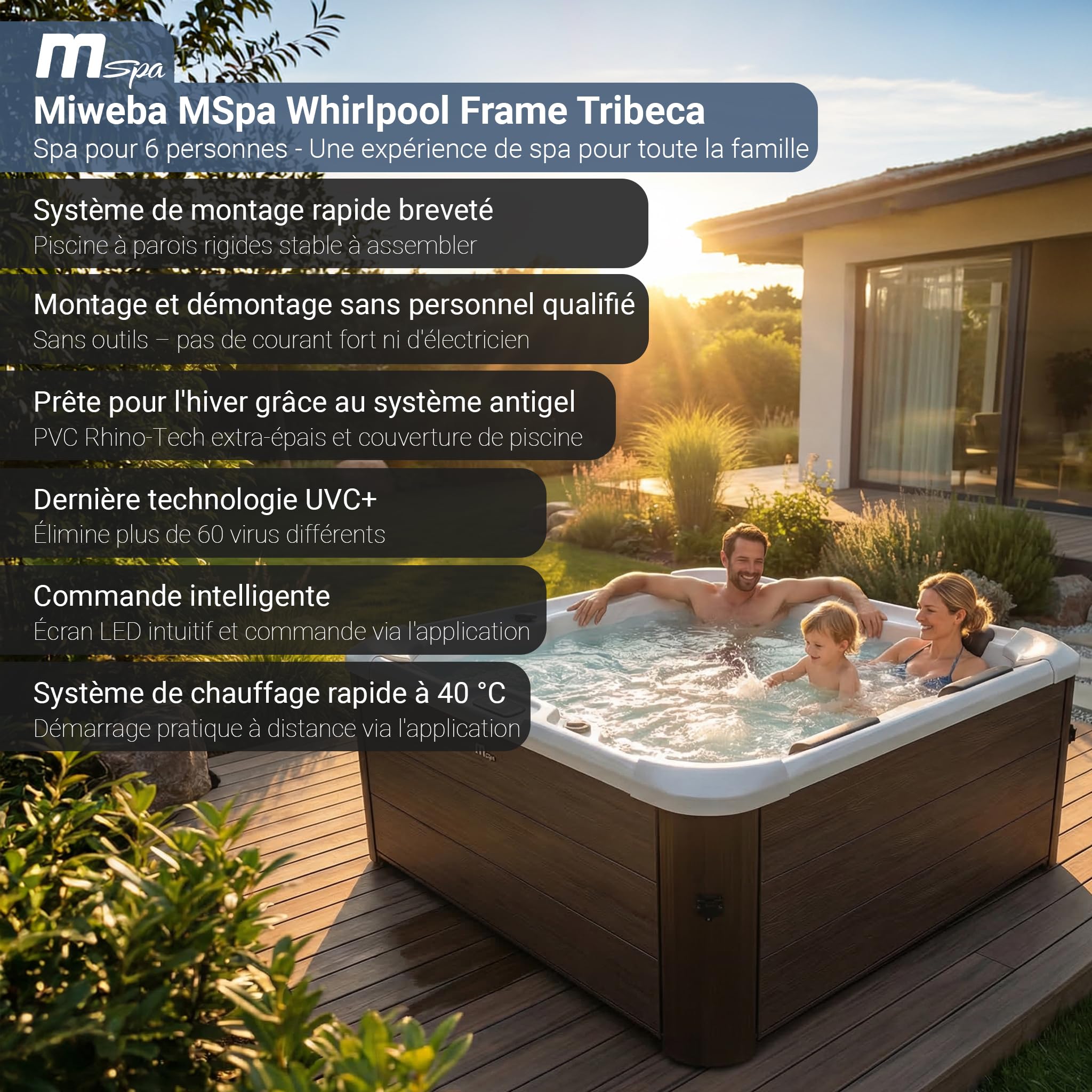 Miweba MSpa Spa extérieur Tribeca paroi Rigide - Contrôle Via Application - Spa 6 Personnes 160x160x65 cm - 120 Buses de Massage - Utilisation Toute l’année Hiver résistant