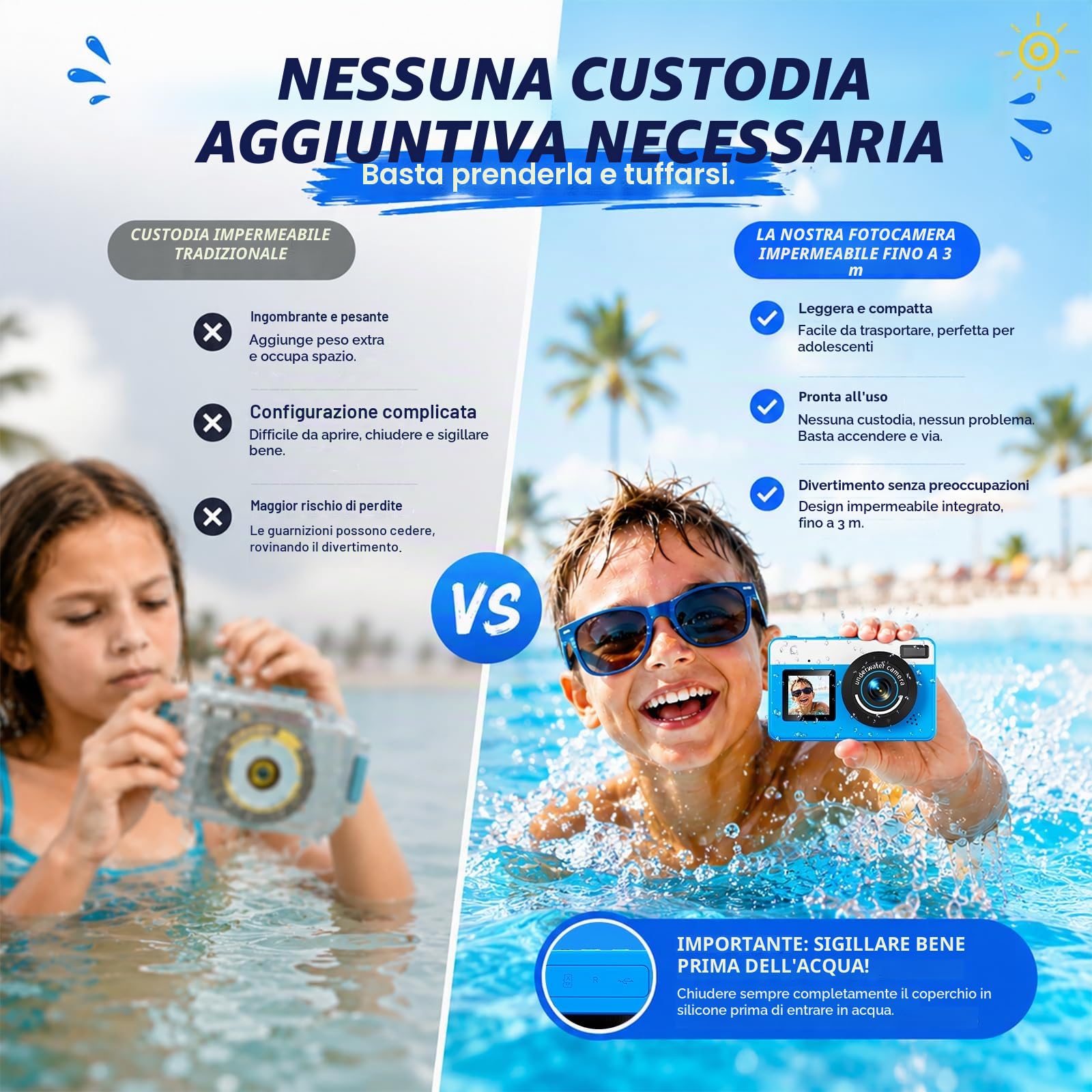 Maxmango D70 Fotocamera Subacquea 4K 48MP, Macchina Fotocamera Impermeabile 10FT per Piscina Spiaggia, Doppio Schermo Autofocus Zoom 18X, Macchina Fotografica Regalo per Ragazzi e Adulti, 32GB, Blu