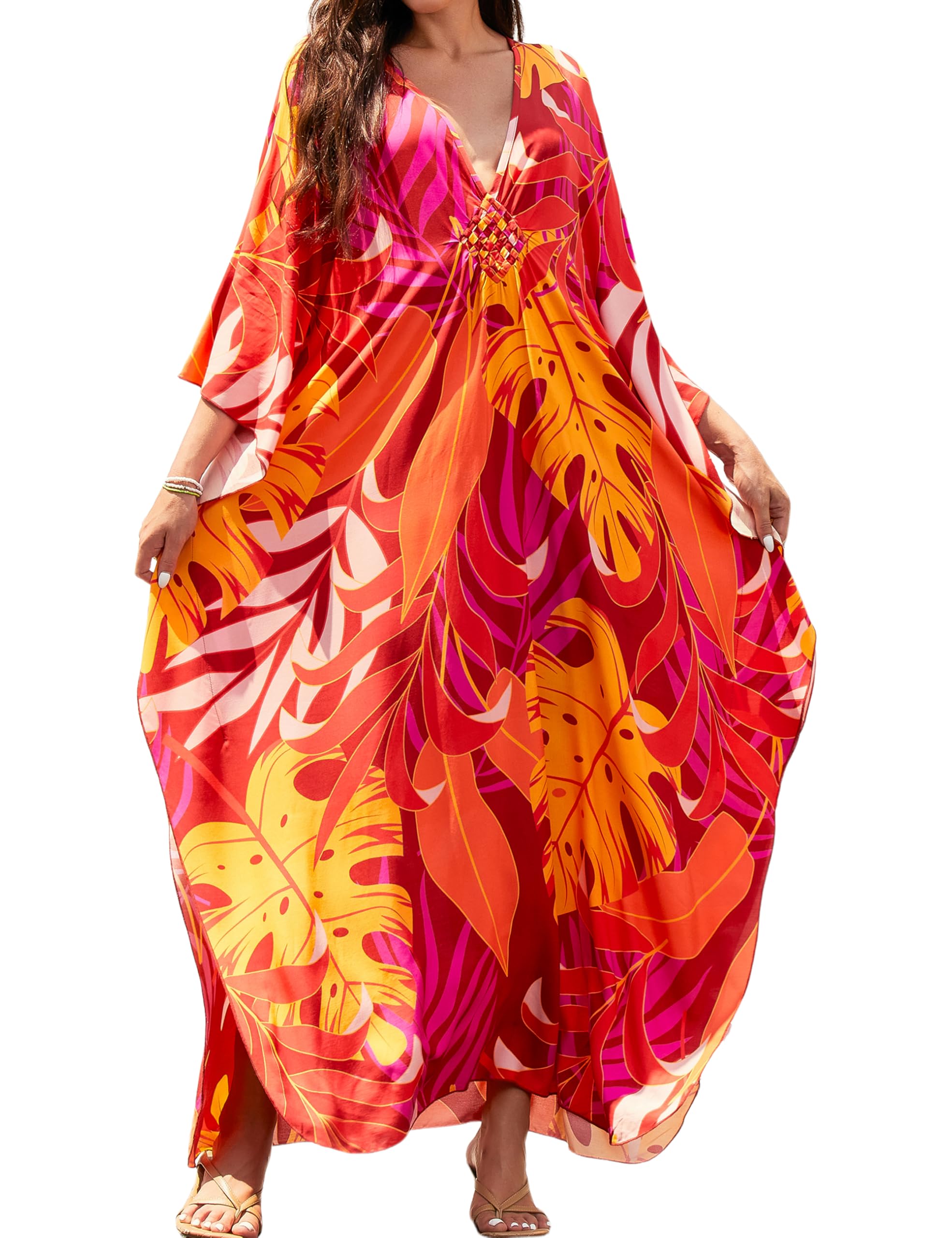 MAKABO Kaftan Dresses for Women V Neck Moo Moos Colorful Print Cover Ups | 100% Viscose Soft Skin Friendly, Breathable, Caftan Beach Dresses for Swimwear, Multi Pattern, Great Party Choice