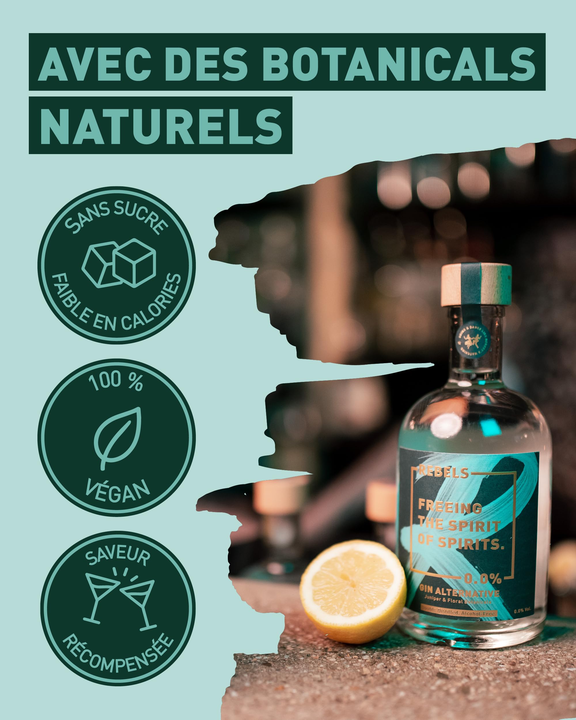REBELS 0.0% - Alternative sans Alcool inspirée du Gin - Botanical Dry - 500 ml - Distillé deux fois pour un Arôme intense - Goût primé - Végan - Pour Mocktails comme Gin Tonic