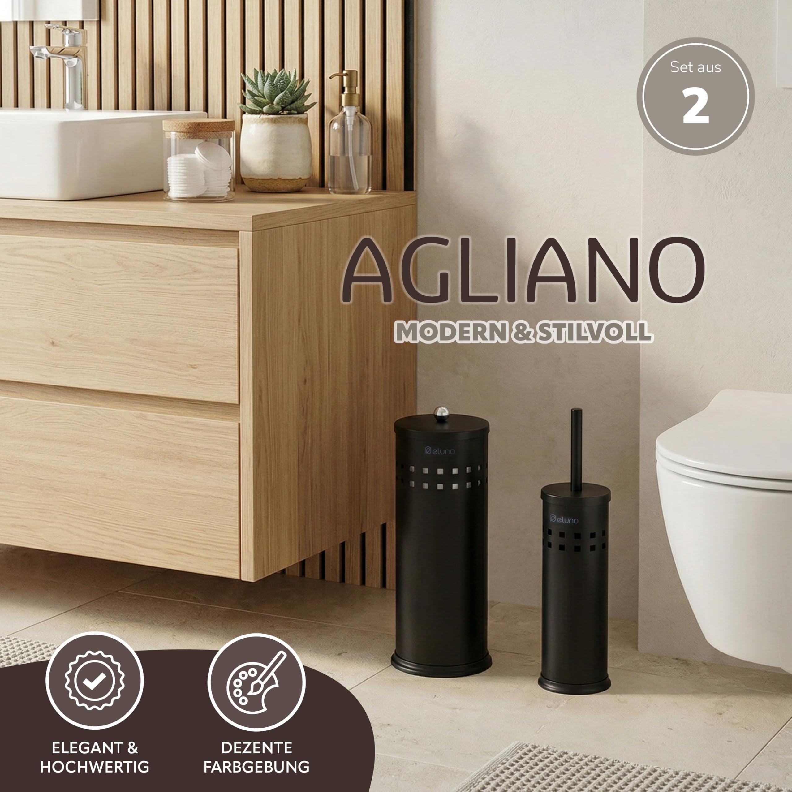 eluno Bad-Set AGLIANO 2tlg. mit Loch-Dekor, bestehend aus 1x WC-Garnitur und 1x Toilettenpapier Aufbewahrung, rund aus schwarzem Metall