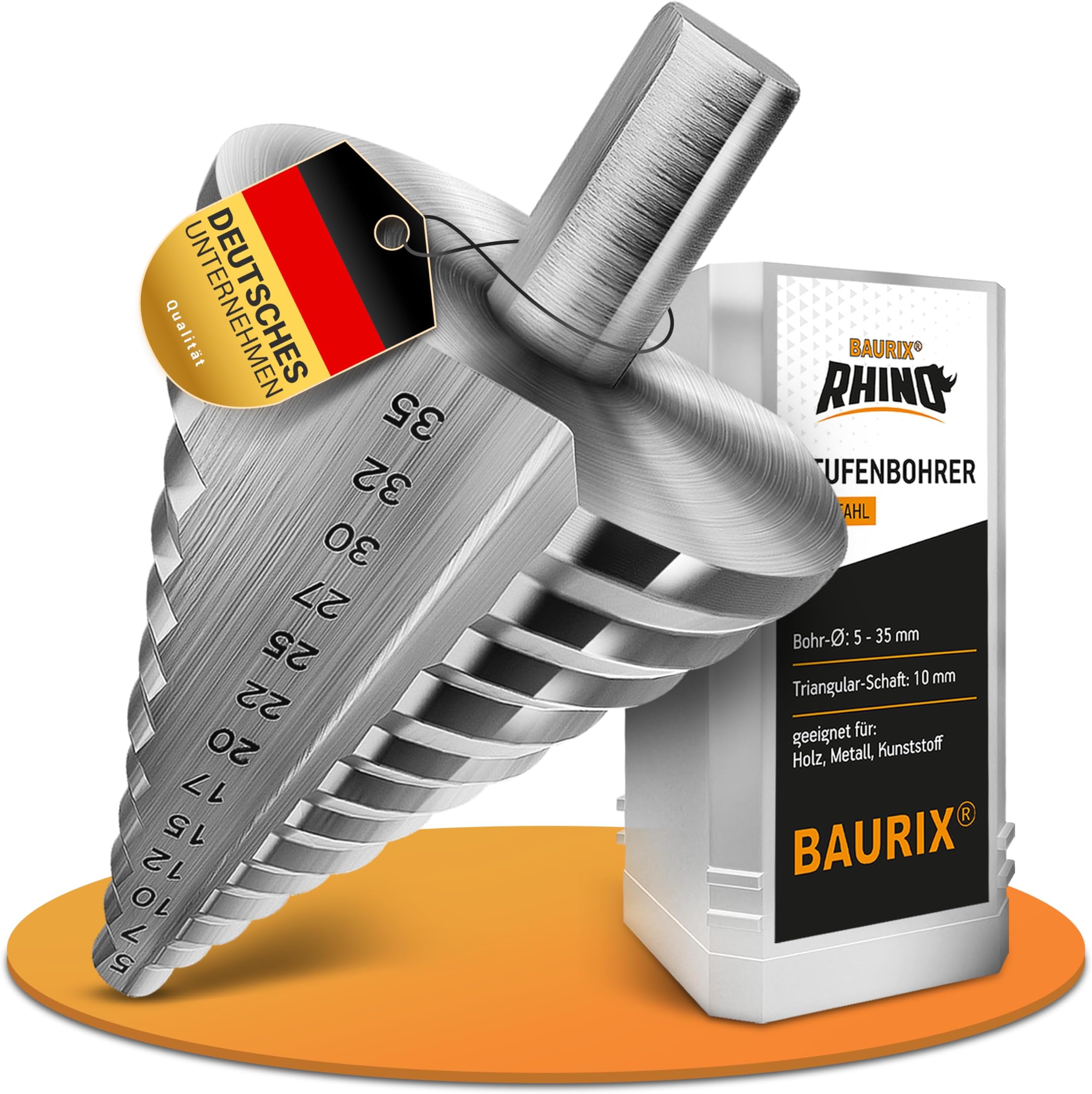 BAURIX® HSS Step Drill RHINO® [Ø 5-35mm] - 10mm Triangular Shank - Ideal for Soft Metal, Wood and Plastic (not for Stainless Steel) - 13 Step Cone Drill - Taper Drill - Peel Drill With Conical Tip