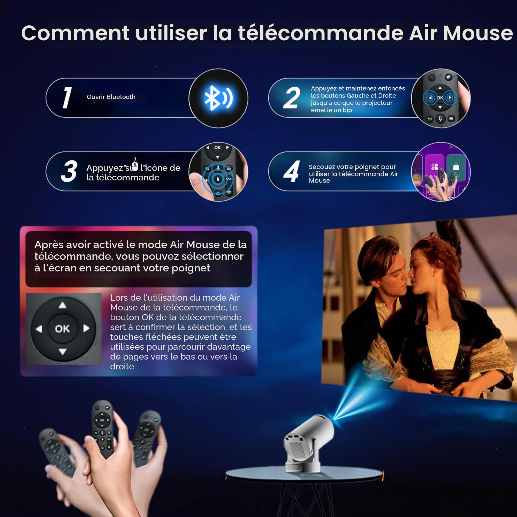 Projecteur portable avec WiFi 6 et Bluetooth 5.0, projecteur intelligent 4K 1080p, 280 lumens ANSI, projecteur vidéo Keystone automatique pour chambre à coucher, maison, extérieur (blanc)