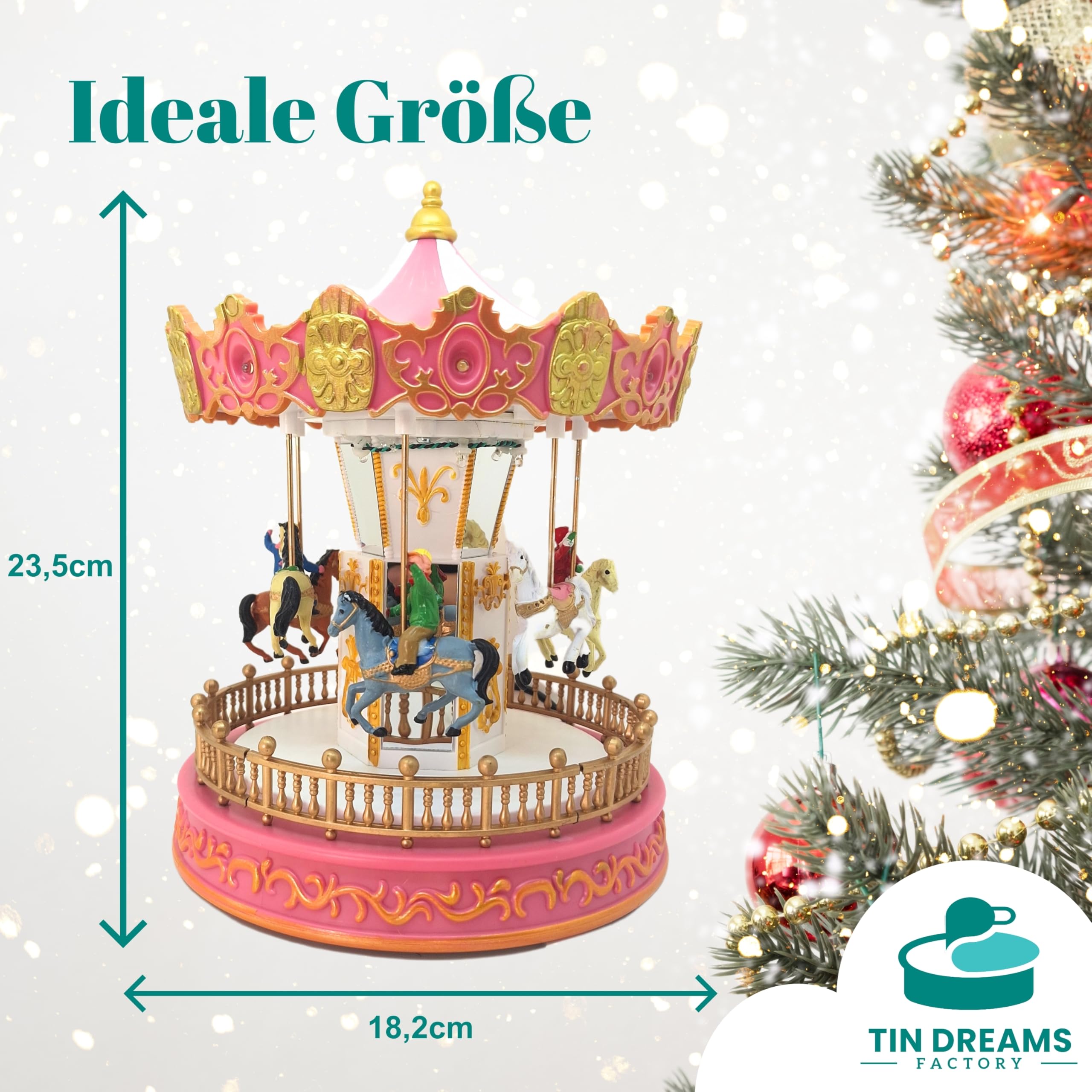 TIN Dreams | Kleiner Weihnachtskarussell mit Bewegung, Musik und LED-Lichtern | Musikalisches Karussell | Weihnachtsdorf, Miniaturdorf, Beleuchtete animierte Szene | Weihnachtsdeko Inner