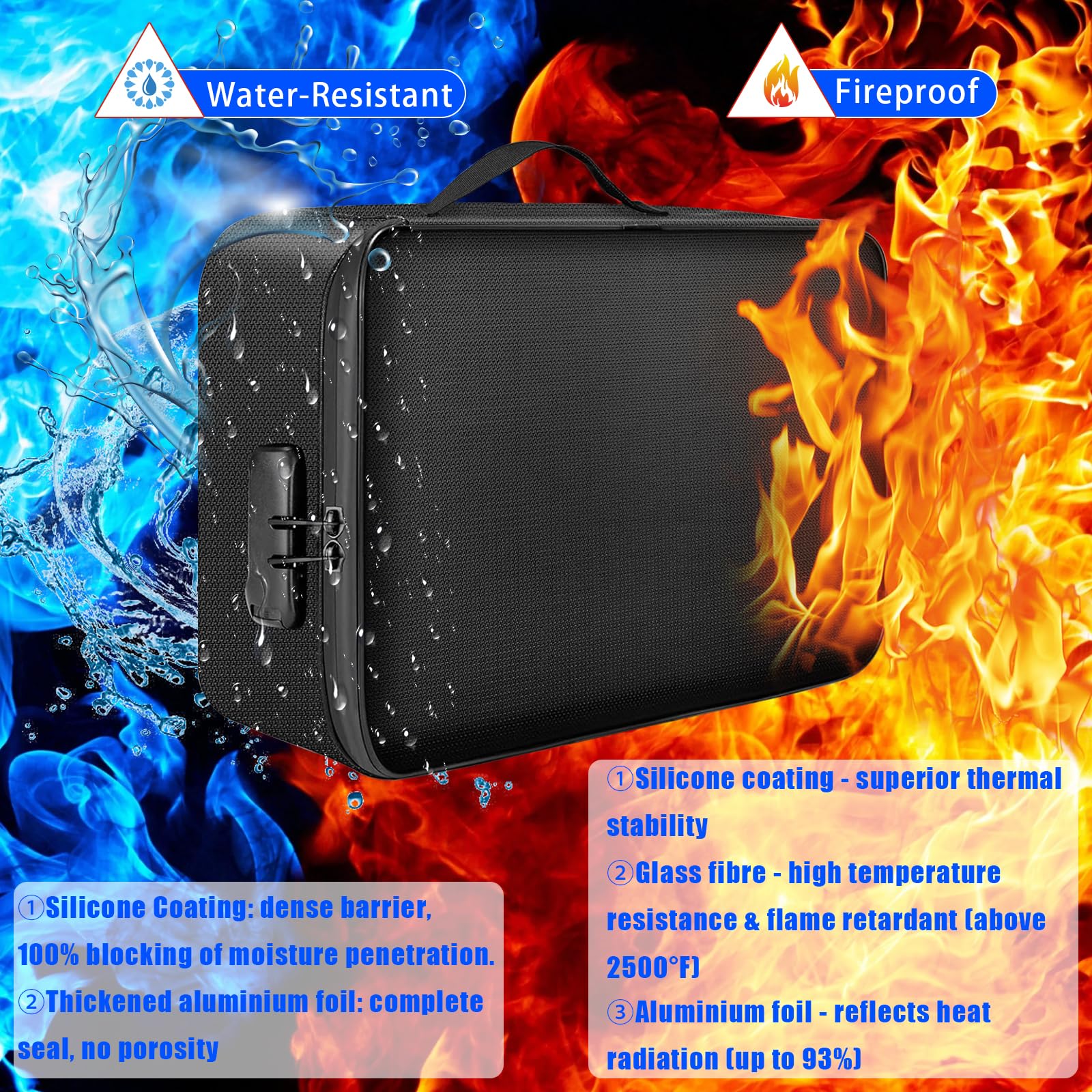 Bolsa de documentos ignífuga, impermeable, 38 x 28 x 10 cm, 4 capas, gran capacidad, ignífuga, con cerradura, caja de almacenamiento segura para pasaportes, certificados, documentos legales, objetos