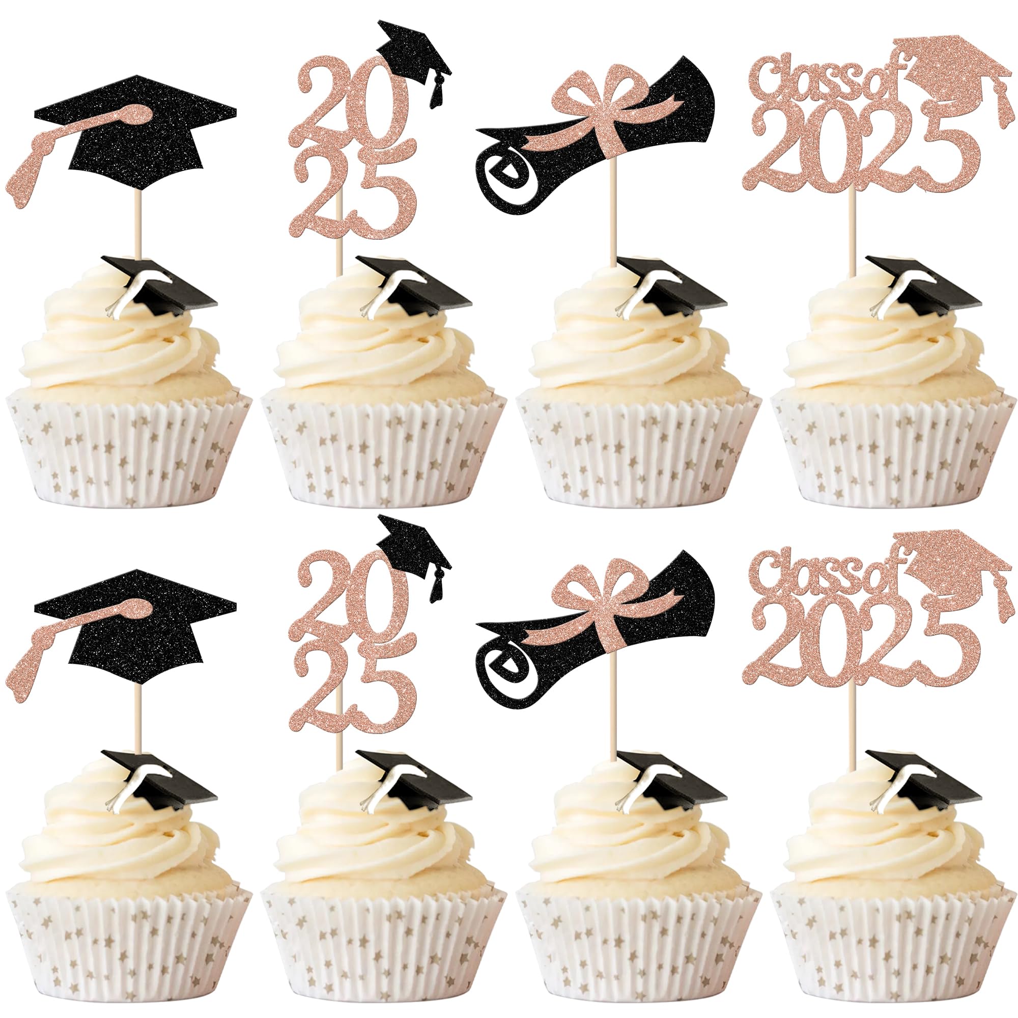 Xsstarmi 24 Pack Class of 2026 Graduation Cupcake Toppers Glitter 2026 Diploma Cupcake Picks for 2026 Graduation Theme Party Cake Decorations Rose Gold