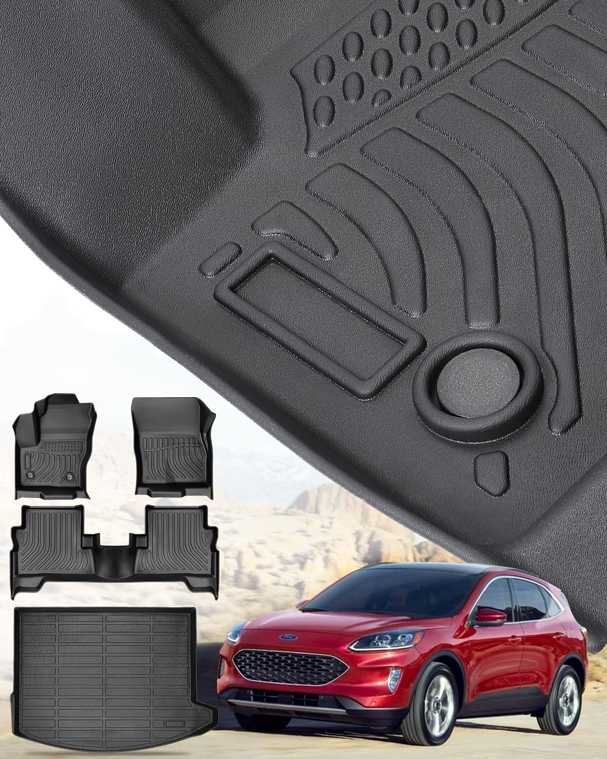 BAMACAR for 2013-2019 Ford Escape Floor Mats Front & 2nd Floor mat & Cargo Liner for Escape Titanium se sel 2013 2014 2015 2016 2017 2018 2019 4Pcs Black All Weather Protection for Ford C-Max