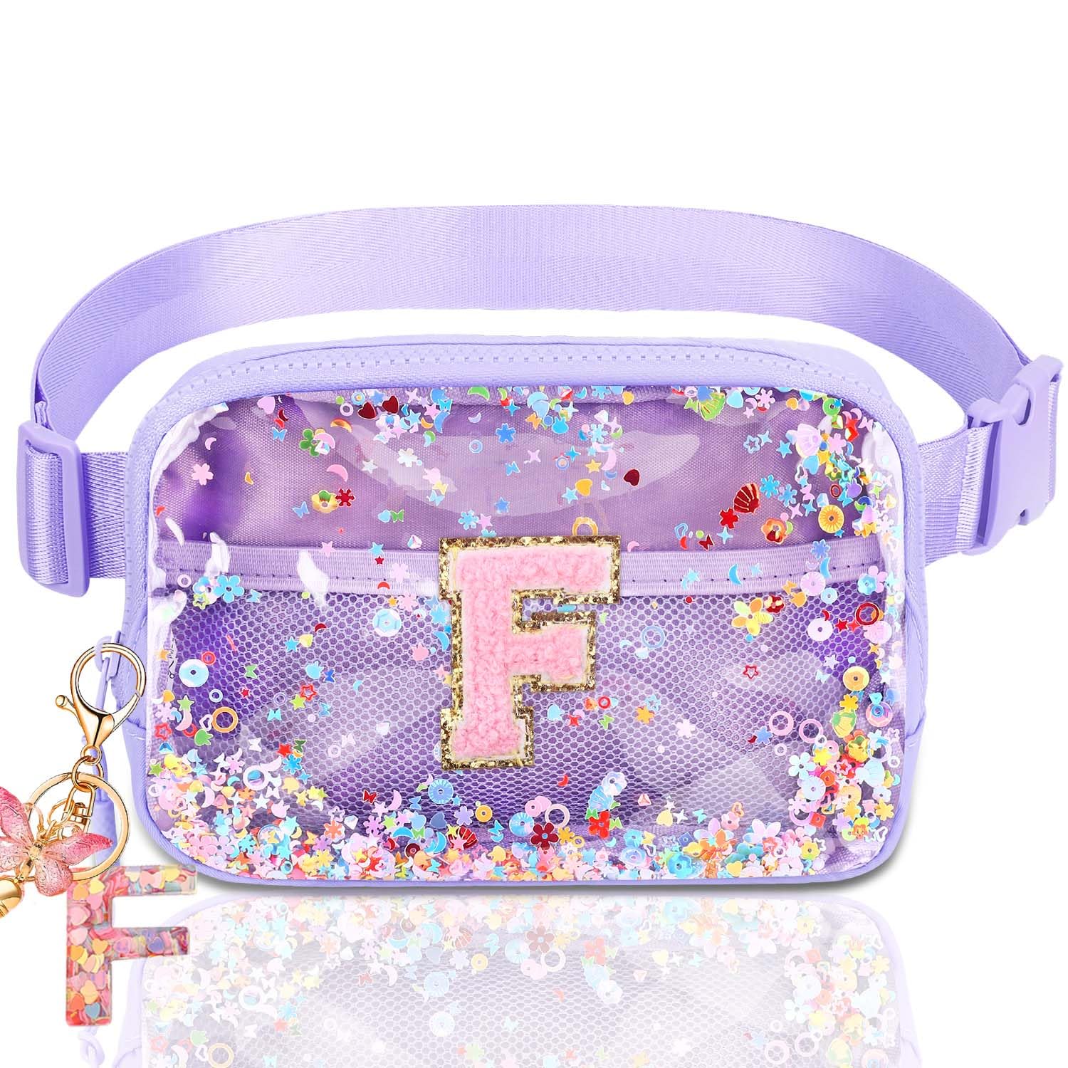 Initial Fanny Pack for Girls - Belt Bag for Teens Kid Teen Girl Kid Birthday Gift Clear Purple F