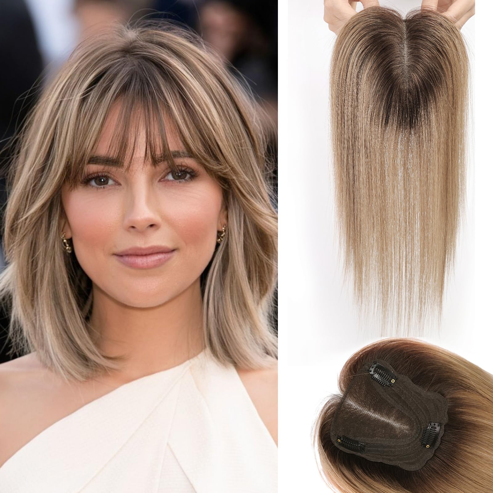 Real Human Hair Topper with Bangs, Hand-Tied Lace Base, 11 Inch Length Short Thin Hair Toppers for Women Real Remy Human Hair  main image 3