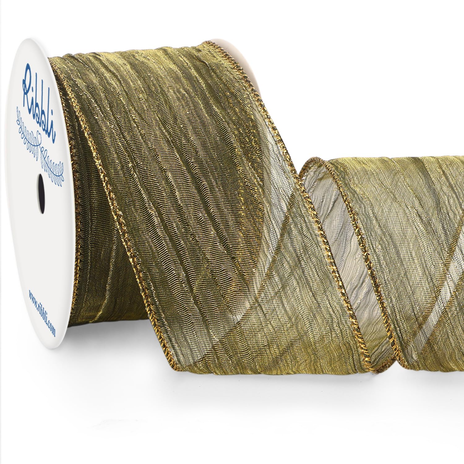 Ribbli Moss Green Crinkled Wired Ribbon 2.5 Inch with Gold Metallic Wavy Christmas Ribbon for Cristmas Tree Topper Bow Wreaths Swags Gift Wrapping
