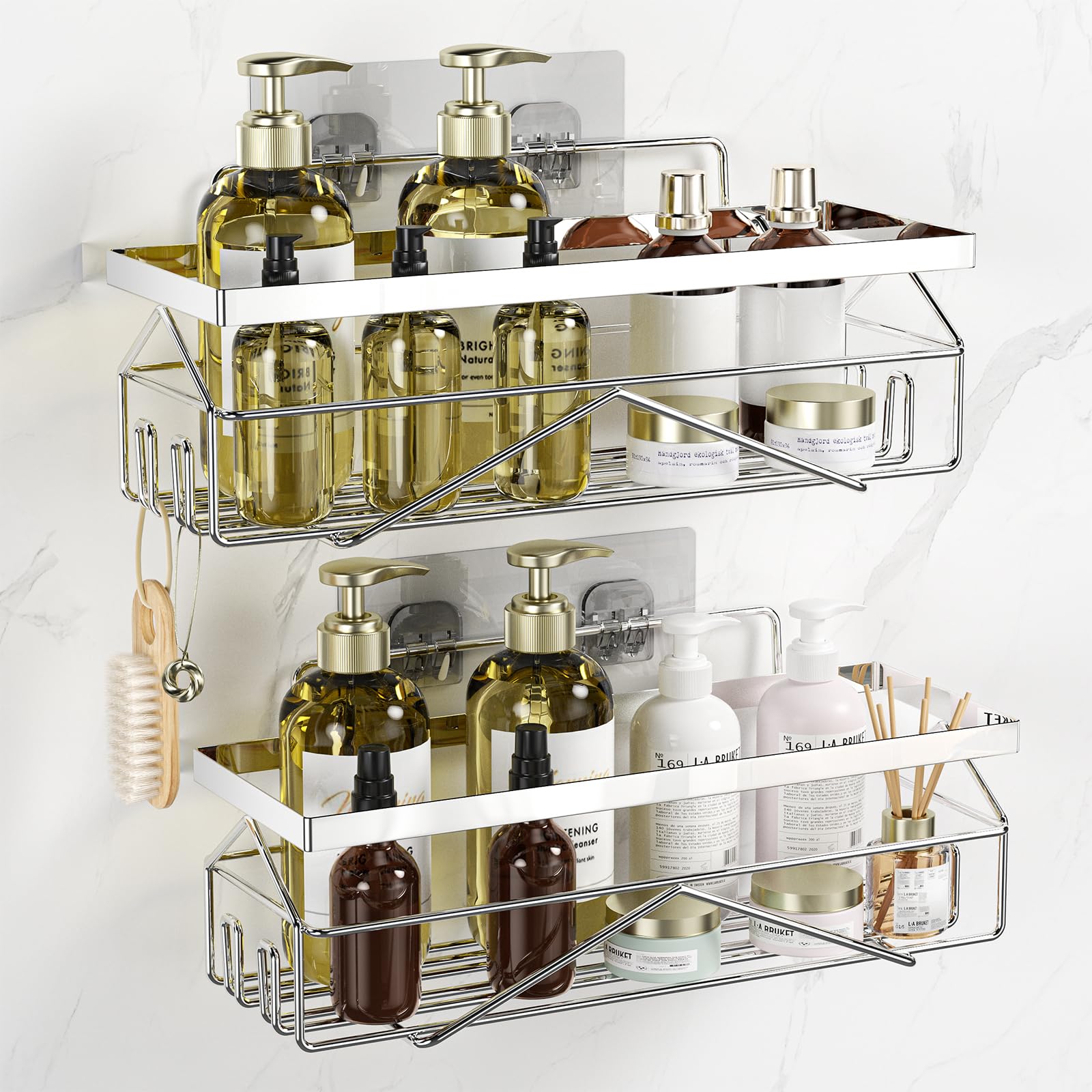 DEERPERCH HAVEN Shower Caddy Shelf with Adhesive No-Drill Stainless Steel Bathroom Organizer Rustproof Bath Storage Shelves for Inside