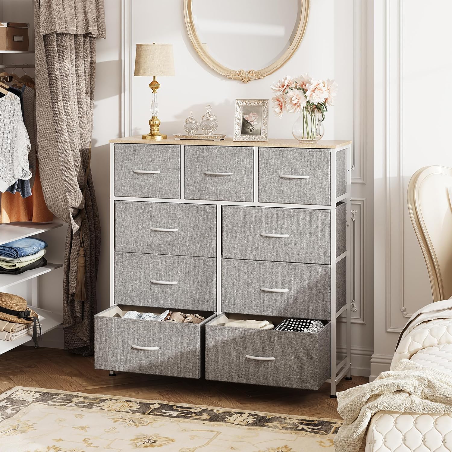 WLIVE Commode Tiroirs, Tour Rangement Tissu pour Chambre, Couloir, Entrée, Placard, Unité Haute Bacs Tissu, Cadre Acier, Plateau Bois (Gris Clair, 9 Tiroirs)