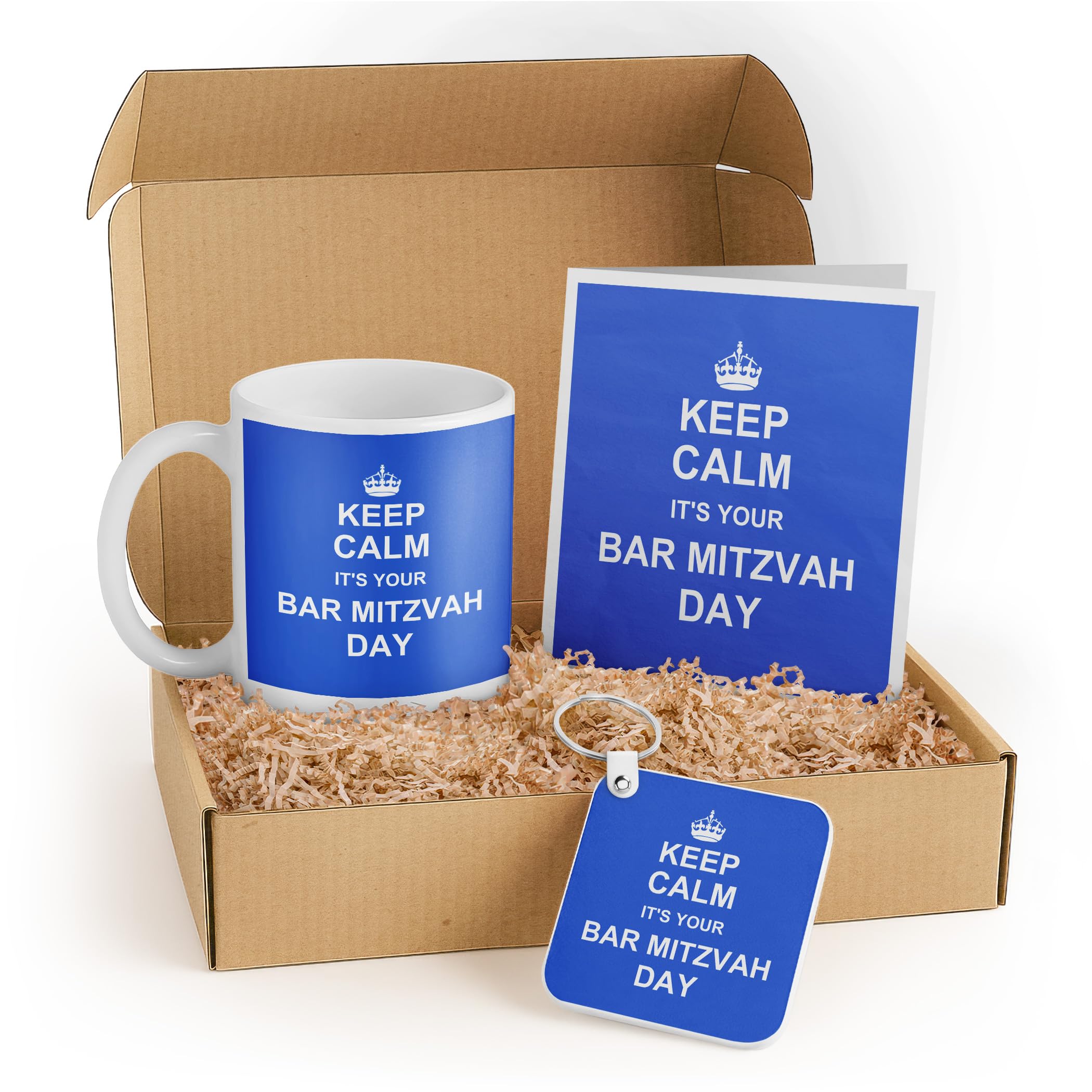 3dRose Bar Mitzvah Gift Set for Boys – Mug, Card, and Keychain – Blue Design with Encouraging Message – Perfect for 13th Birthday Celebration