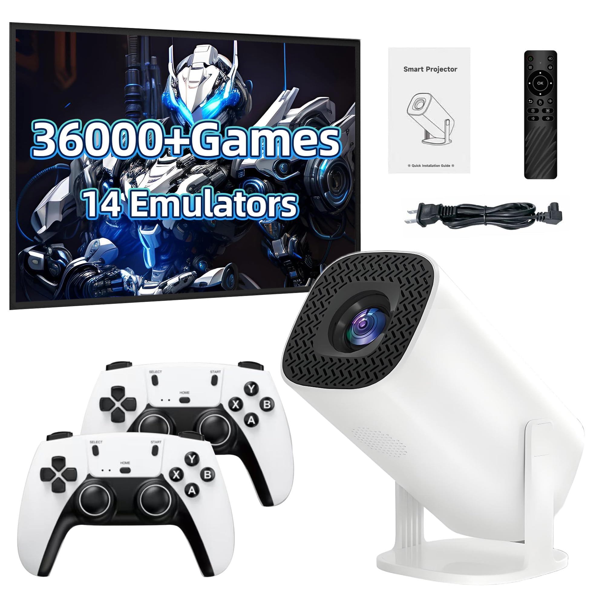 Console di gioco P30 + 4k, proiettore di videogiochi con 2 Controller Wireless, integrato con 14 emulatori 36000+ Games,White