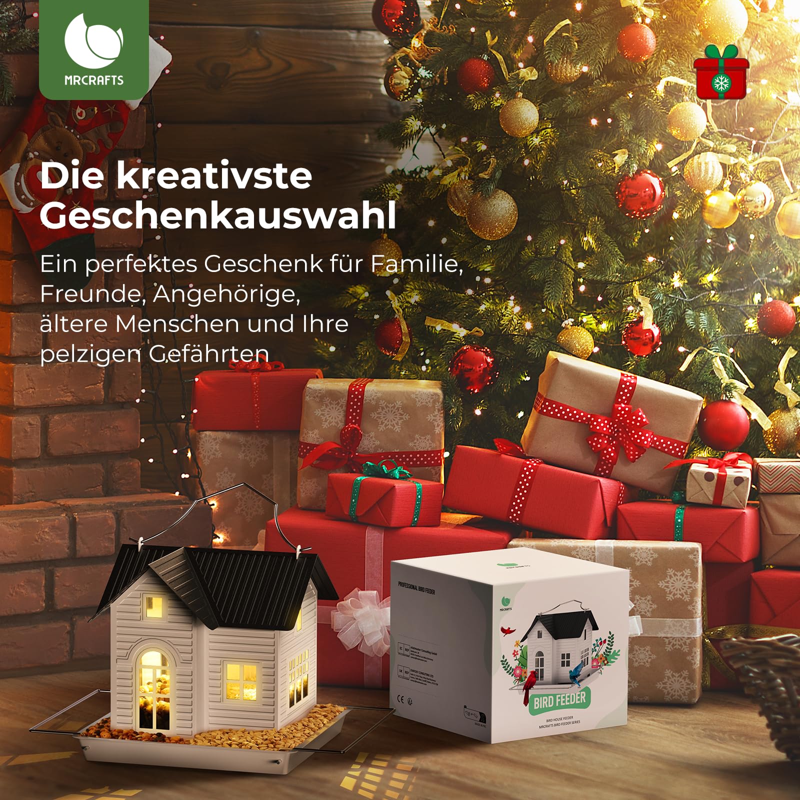 MrCrafts Solar-Vogelfutterspender – Hängendes Vogelhaus aus Metall mit Solarlicht, Gartendekoration, Einzigartige Geschenke, Bird House, Bird Feeder
