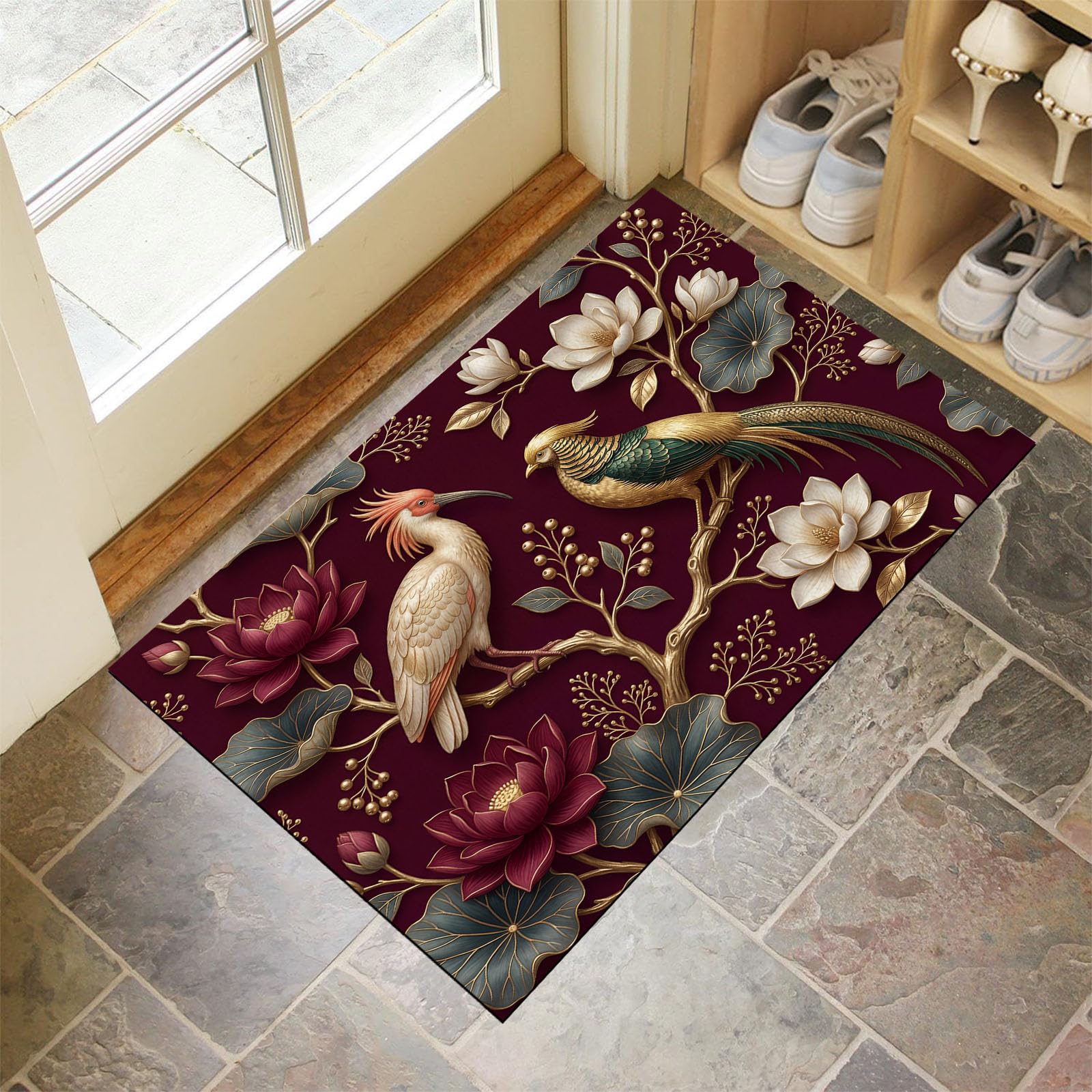 Tapis entree interieur lavable 50 x 80 cm paillasson fleurs de lotus