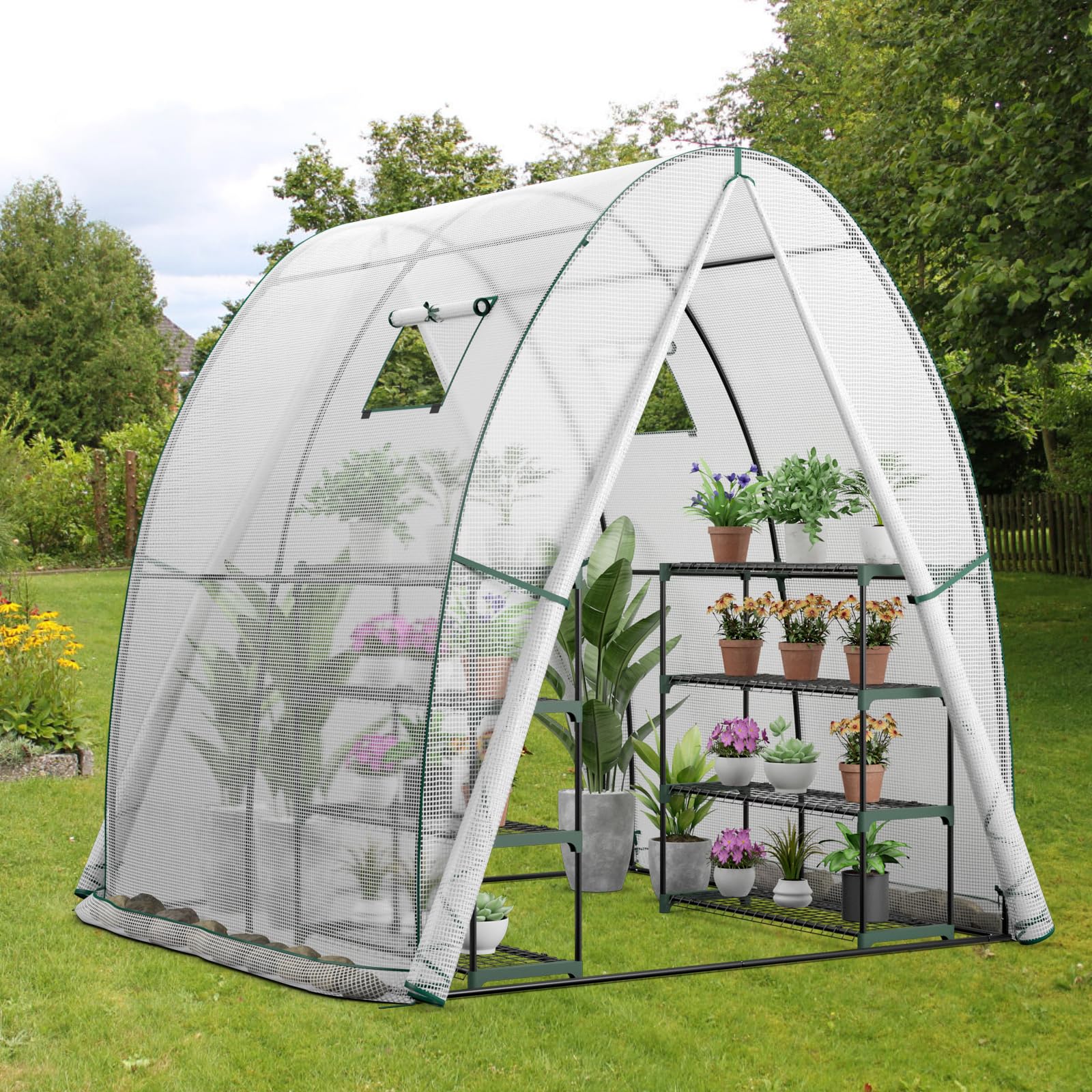 HOMASIS Serra Tunnel con Porta a Rullo e 2 Finestre, Serra da Giardino in PE e Telaio in Metallo, Serra da Balcone per Pomodori, 181 x 181 x 200 cm (Bianco)