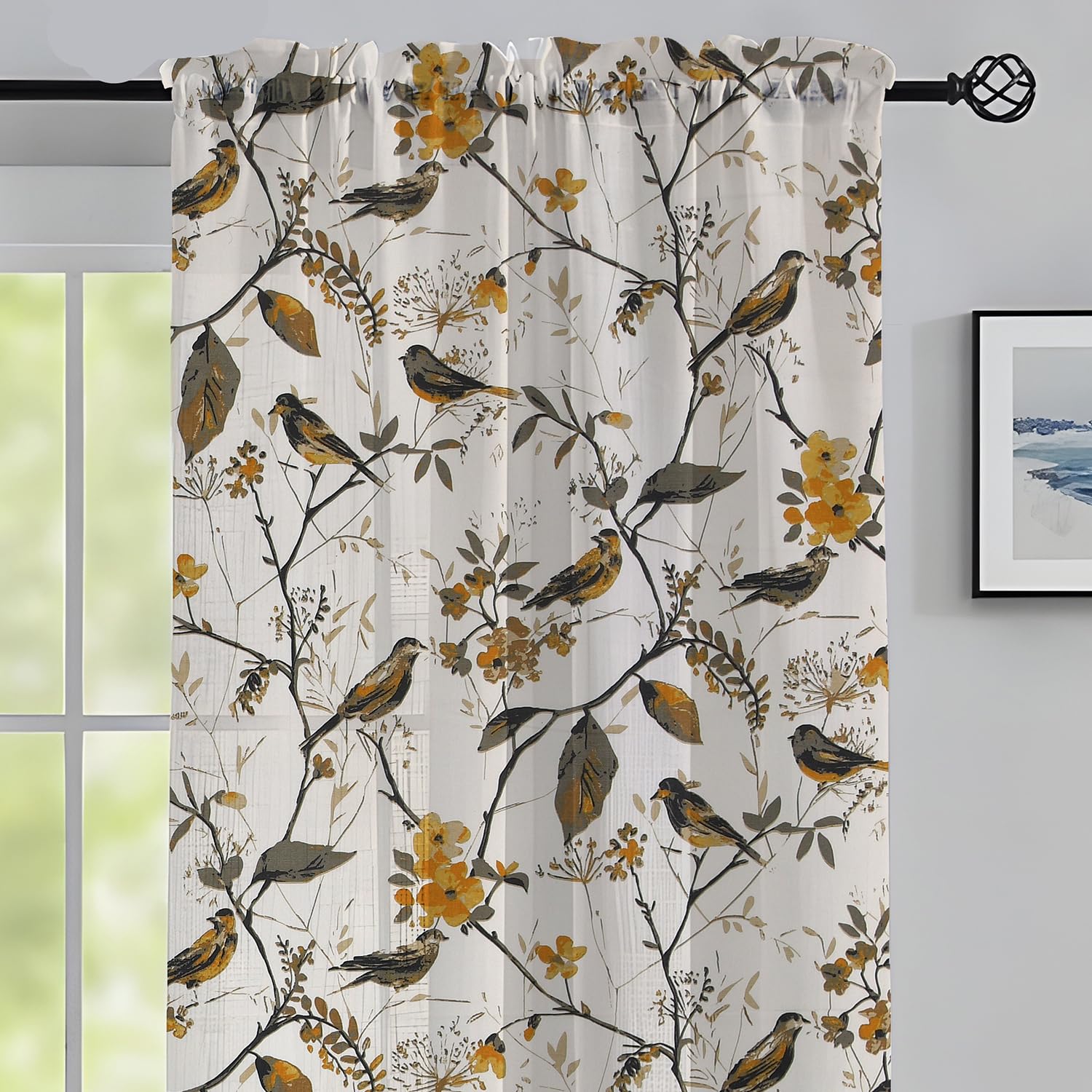 LINENWALAS Decorative Printed Cotton Semi Sheer Curtains 7 Feet Long Set of 2 Panel, Rod Pocket Hanging, Bird Printed Door Curtains for Living Room (L-7 x W-4.5 Feet, Birdie Bliss); multicolor