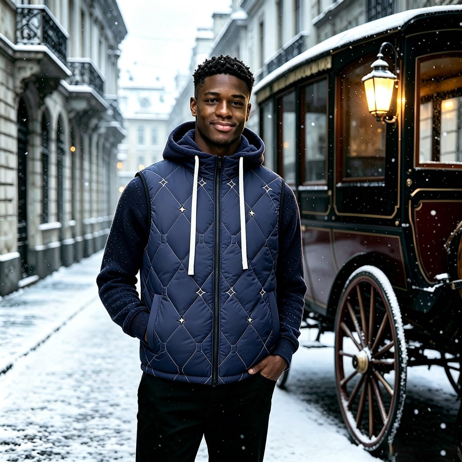 Generisch Gilet trapuntato da uomo, invernale, imbottito, caldo, senza maniche, con cappuccio, per attività all'aperto, invernale, urbano, elegante streetwear