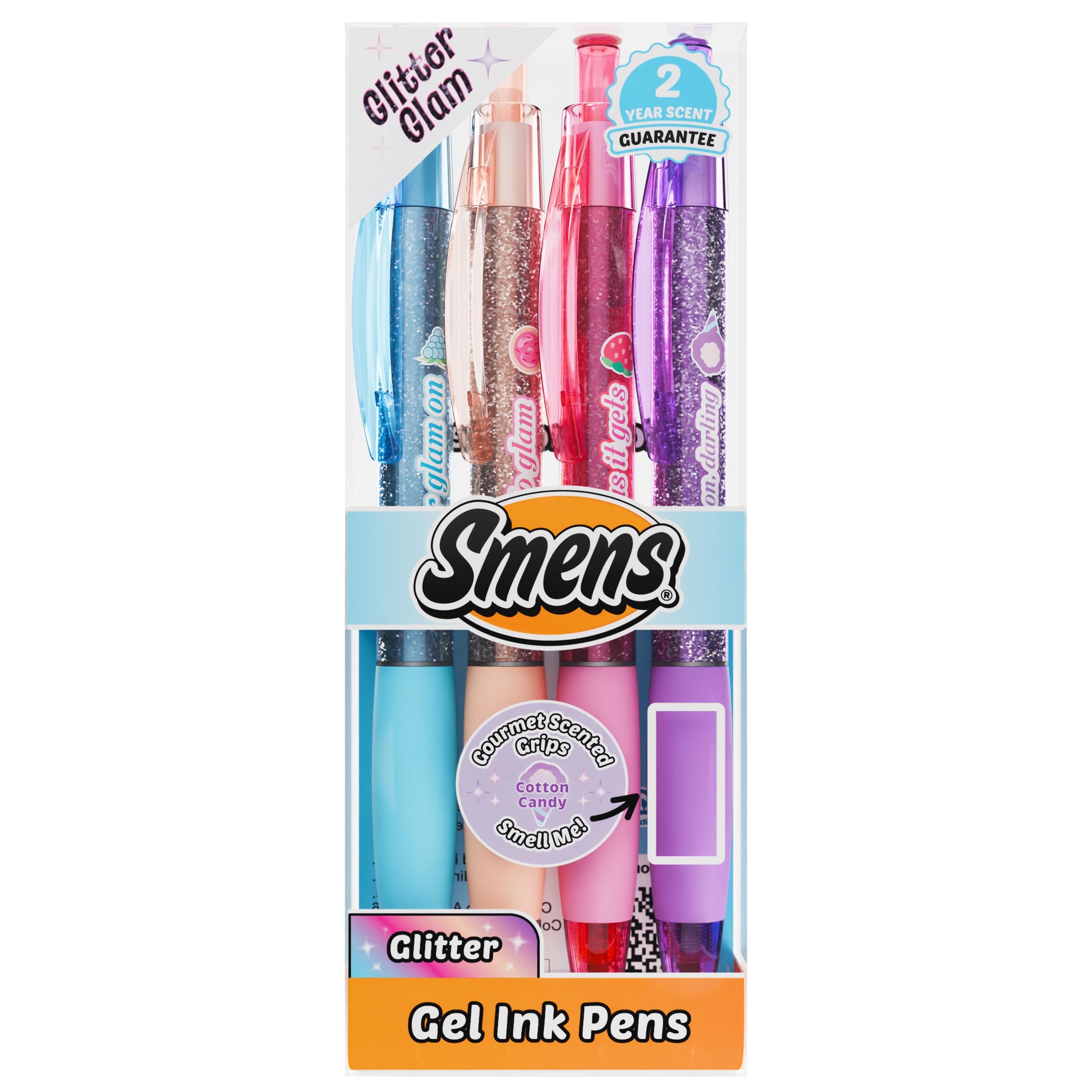 Glitter Glam Smens – Colored Glitter Gel Ink Pens with Patented Gourmet Scented Grips, Medium Point, 4 Count – Fun, Cute, Cool, Smelly Pens for Kids