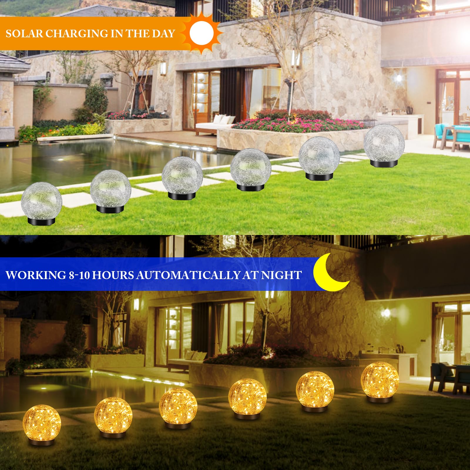 Luci solari da giardino a 4 sfere, 2 modalità di illuminazione, 11,9 cm, in vetro incrinato, 30 LED, impermeabili, per patio, cortile, portico, decorazione da giardino per esterni (bianco caldo,