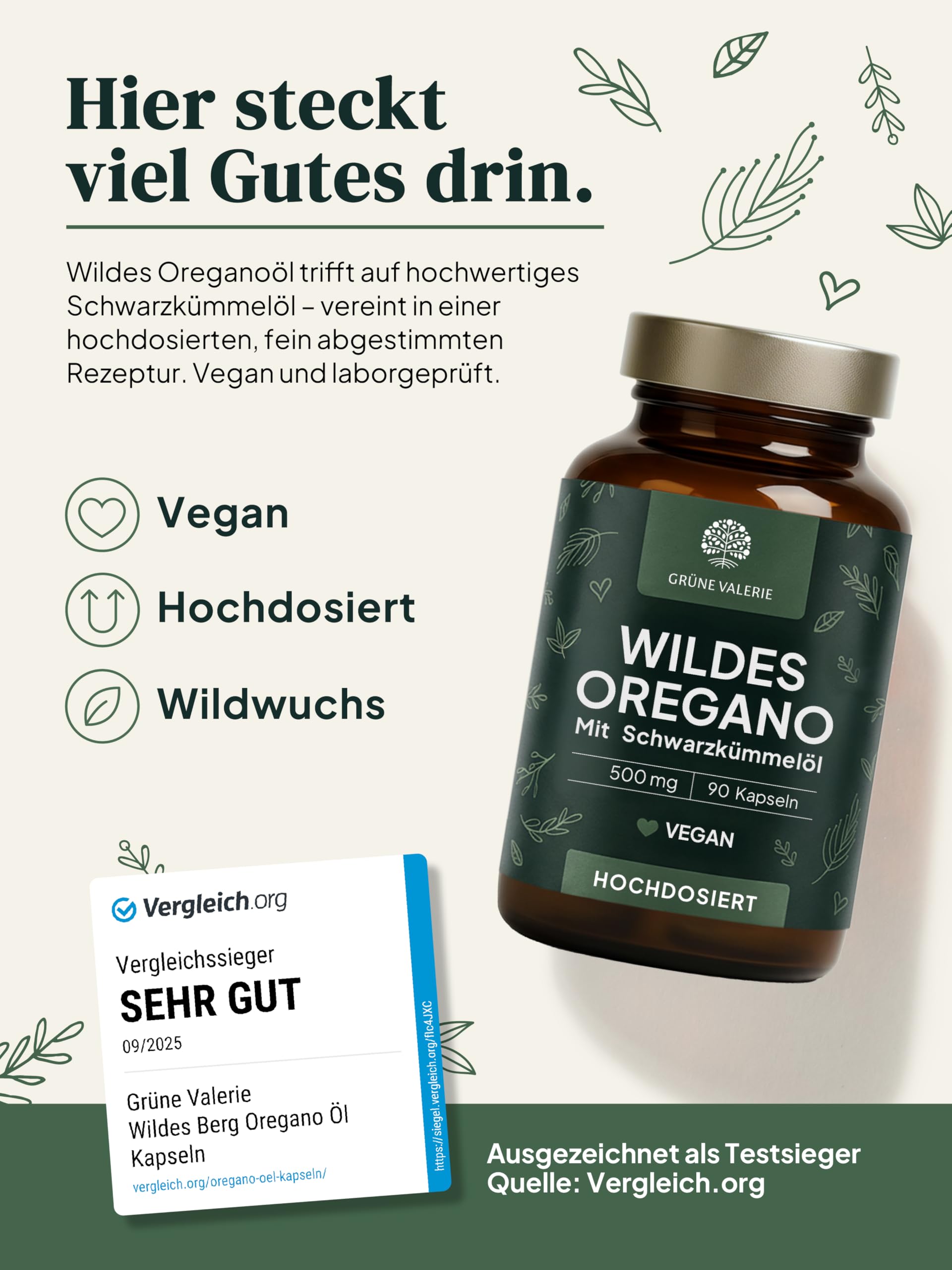 GRÜNE VALERIE® Oregano Öl Kapseln [HOCHDOSIERT] – DuoKomplex mit Schwarzkümmelöl 90 Stück – 82% Carvacrol Wildes Berg Oreganoöl – 500mg Kapseln vegan & magensaftresistent – laborgeprüft & ohne Zusätze