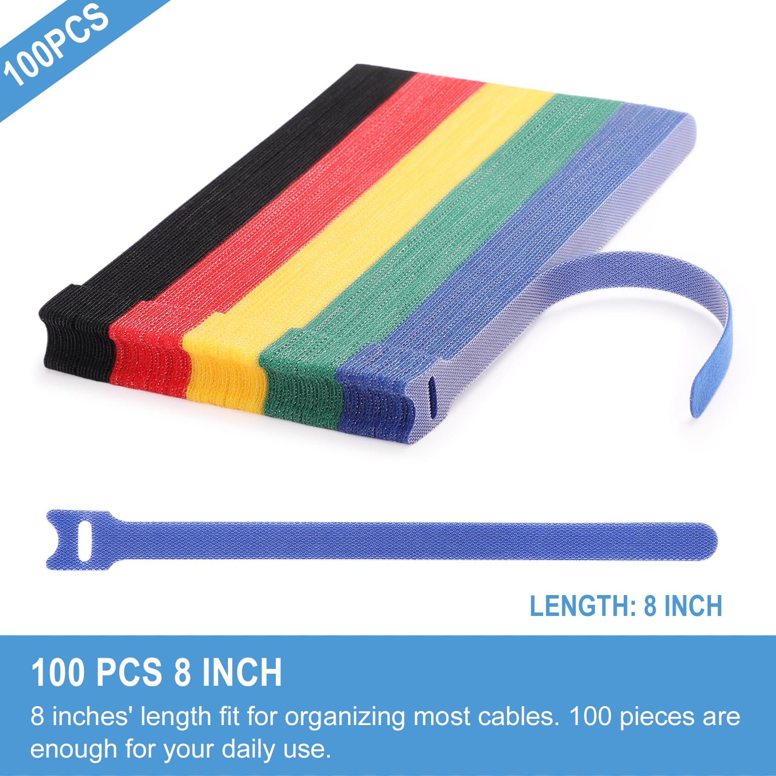 100 PCS 8 Inches Reusable Cable Ties | Adjustable Cord Wraps, Cable Straps | Hook & Loop Cord Organizer, Cable Management | 5 Colors - 3