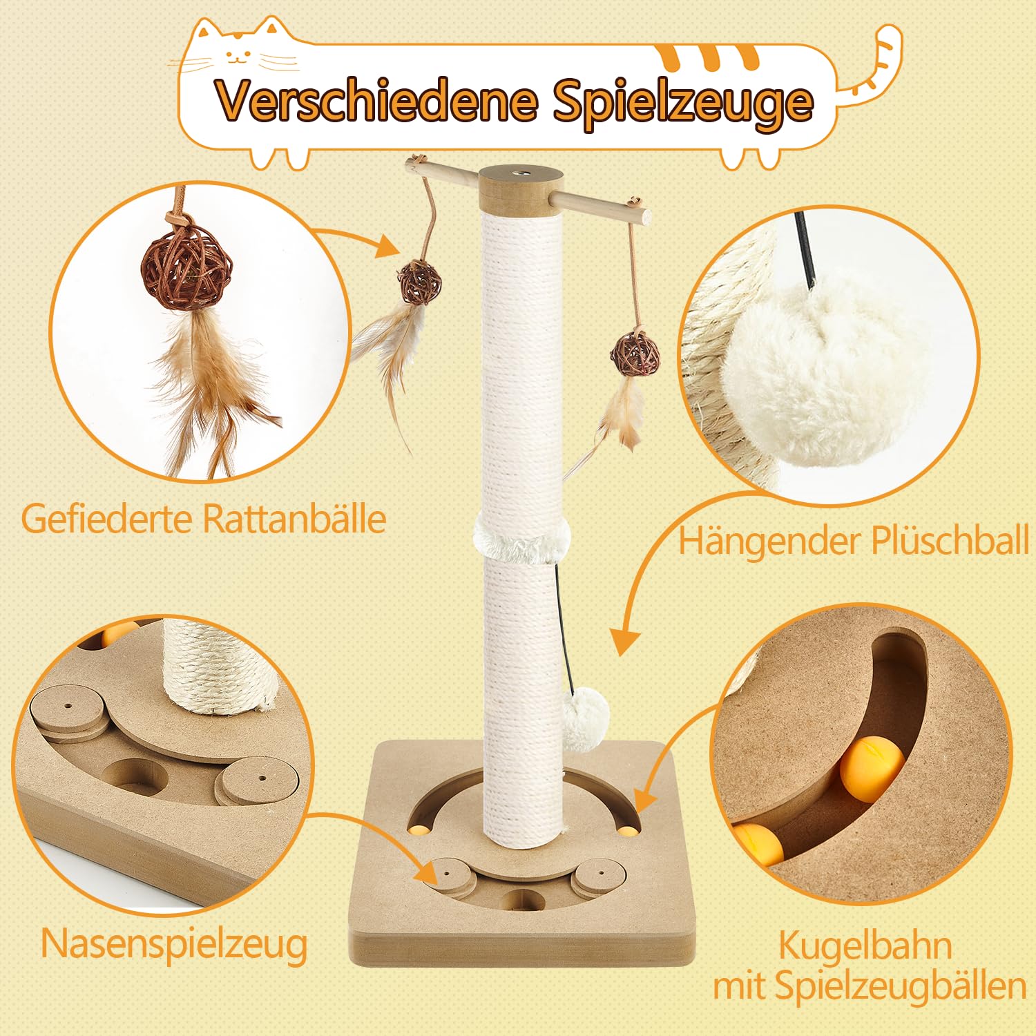 AUSCAT Kratzsäule für Katzen, Kratzbaum mit Verschiedenen Interaktiven Spielzeug, Kratzstamm mit Natürlichem Sisalseil in Modernem Design- 63cm Beige