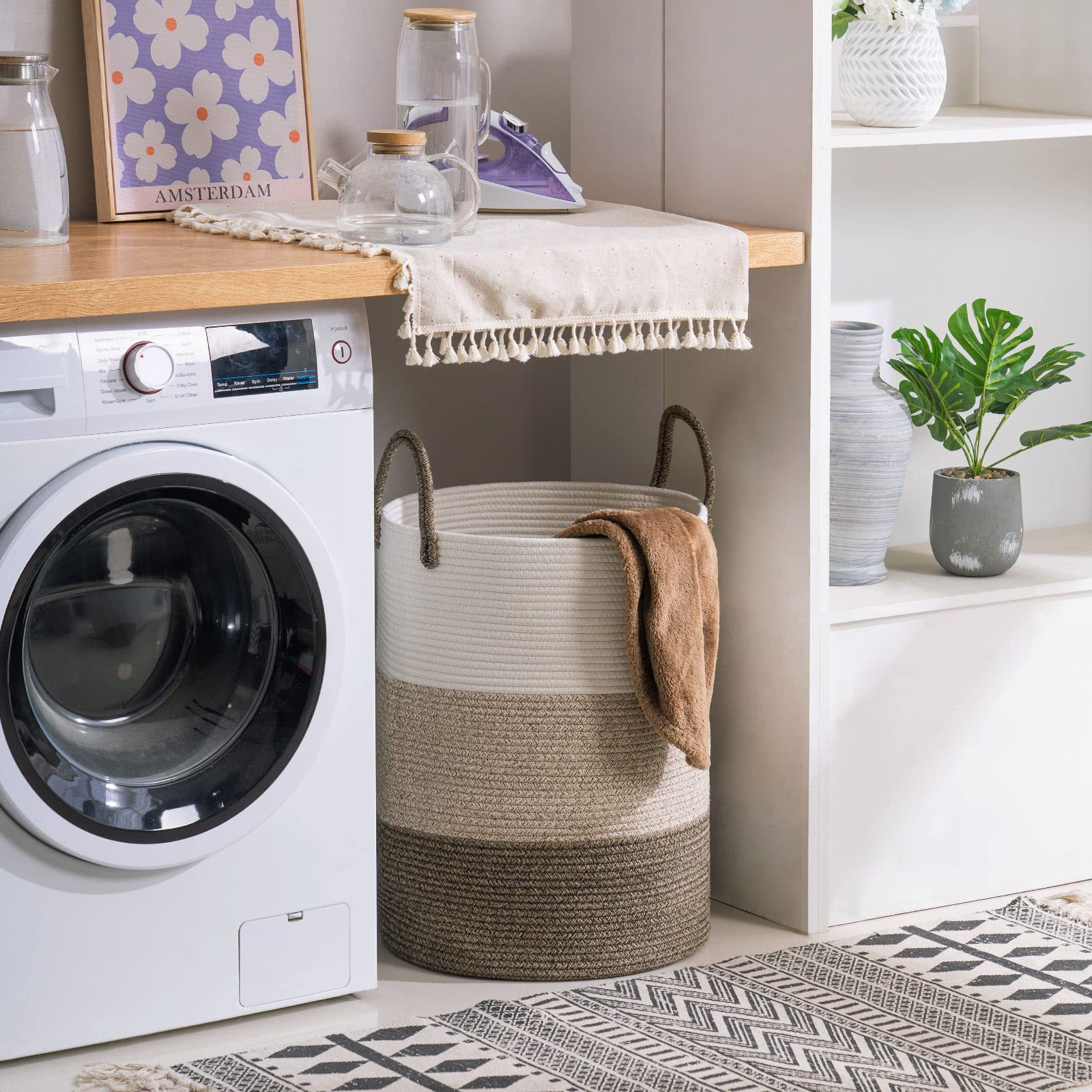 Woven Rope Laundry Hamper Basket by YOUDENOVA, 58L Tall Luandry Basket, Baby Nursery Hamper for Blanket Storage, Clothes Hamper for Laundry in Bedroom-Dark Brown