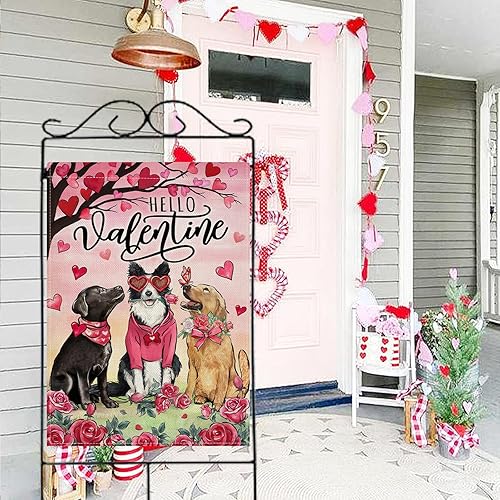 Miniatura 7 de Bandera de casa de perro con texto en inglés "Hello Valentine", diseño de árbol de corazón de amor rosa rojo y rosa con texto en inglés "Hello