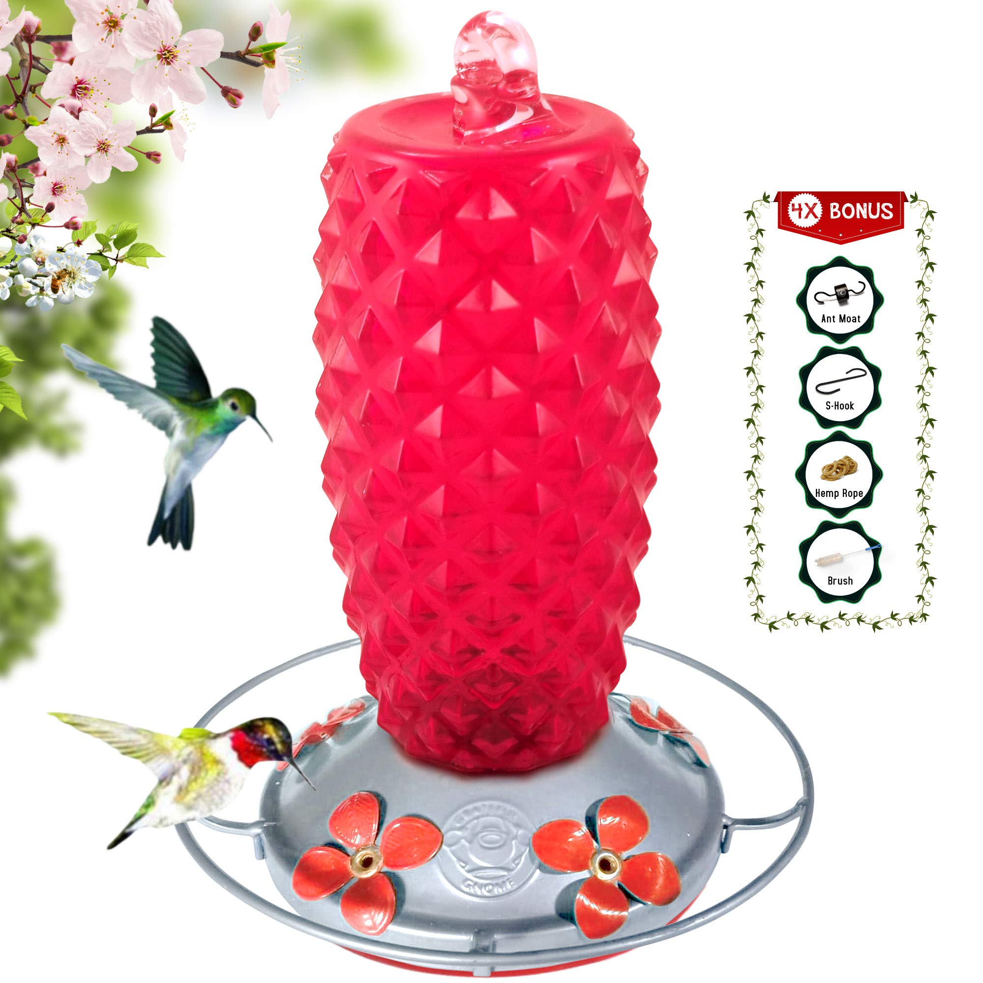 Grateful Gnomo - Comedero Grande Para Colibríes Soplado A Mano Para Jardín, Patio, Al Aire última Intervensión, Ventana Con Accesorios, Gancho En S, Foso De Hormiga, Cepillo Para Polvo, 16 Onzas, Diseño