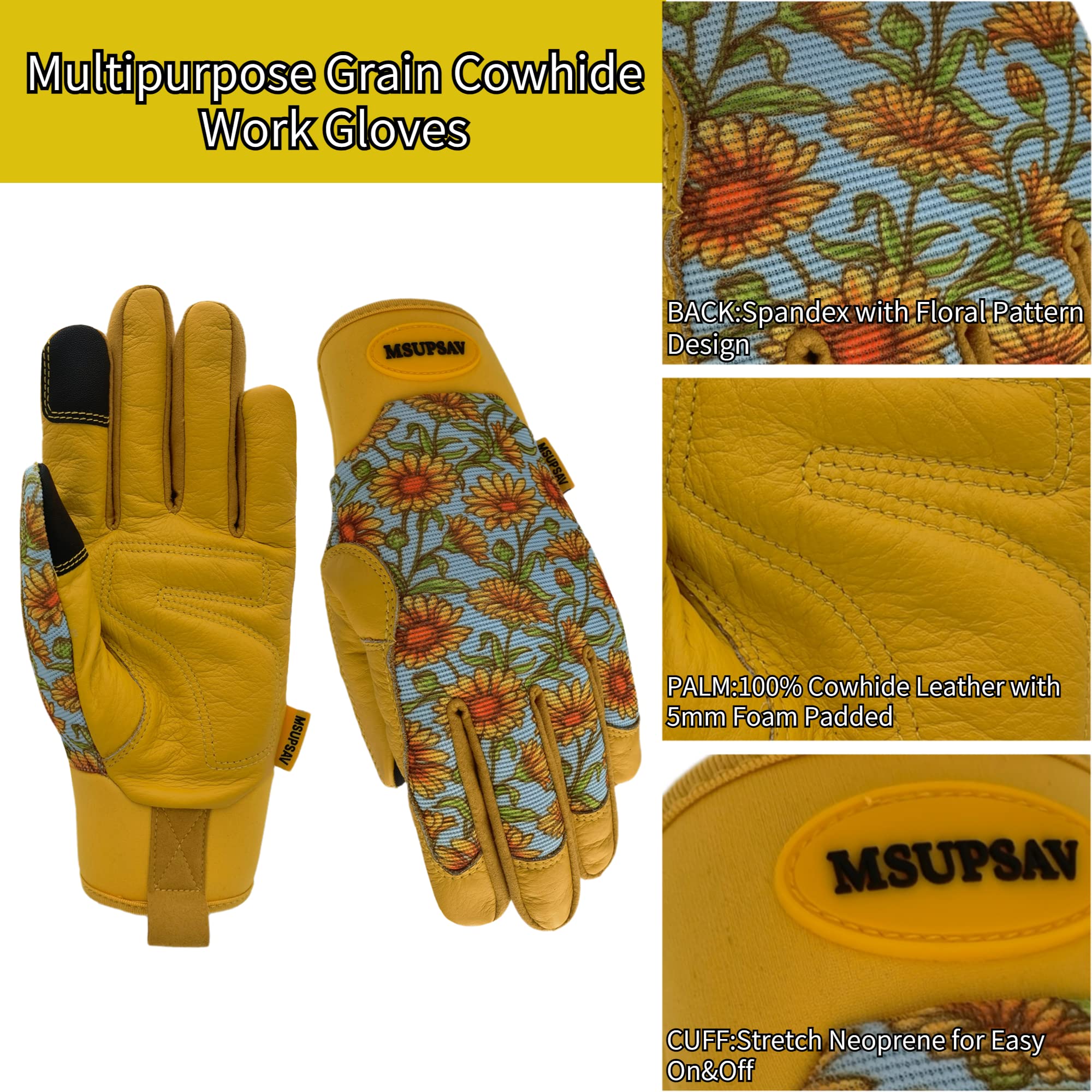 Guantes de jardinería de cuero de vaca con agarre, guantes de jardín para mujeres, guantes de conducción para hombres y mujeres (margarita azul cielo, grande)