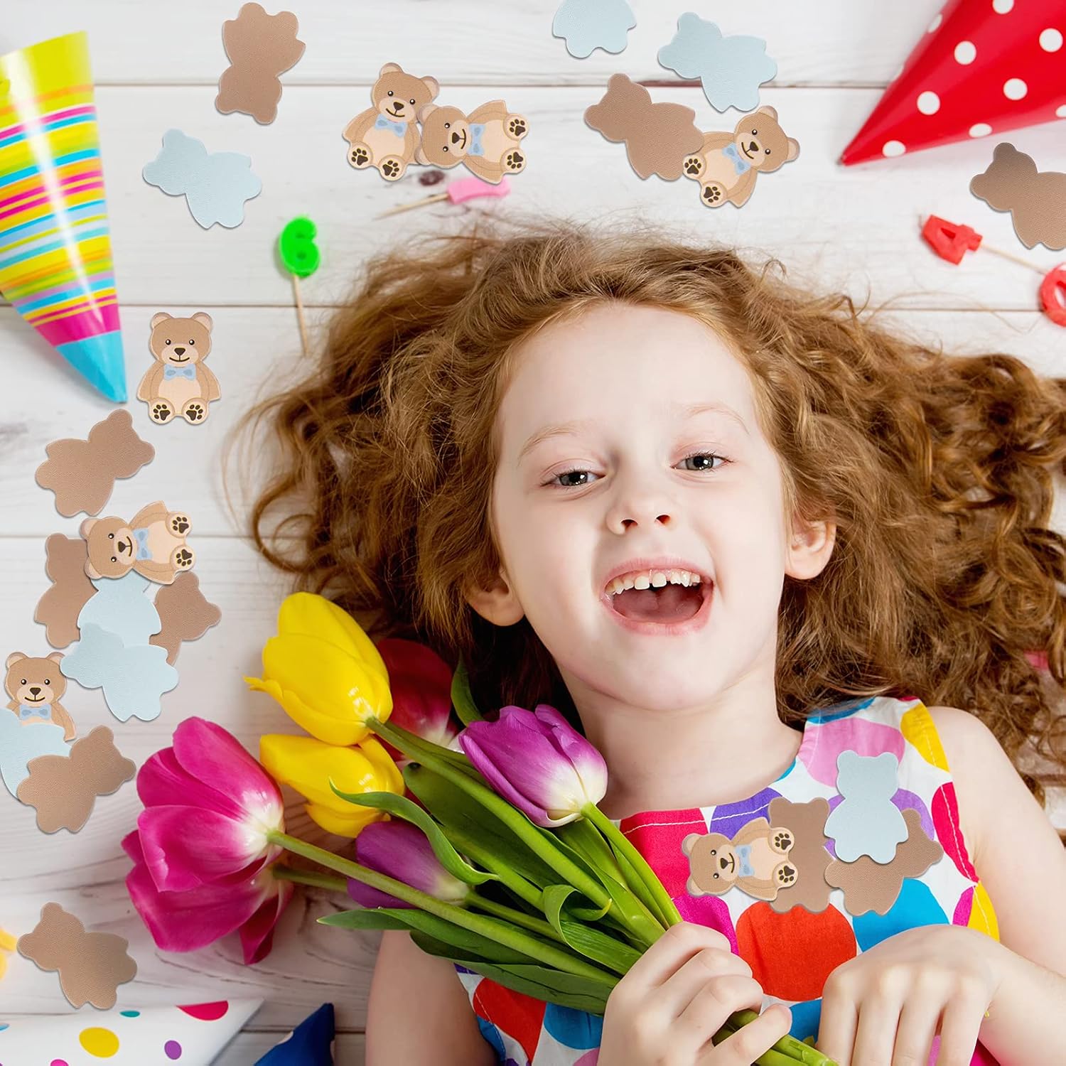 Threan 300 Pieces Bear Confetti Baby Shower Paper Confetti for Holiday Festival Party Table Home Decorations, 0.98 Inch(Blue, Brown)