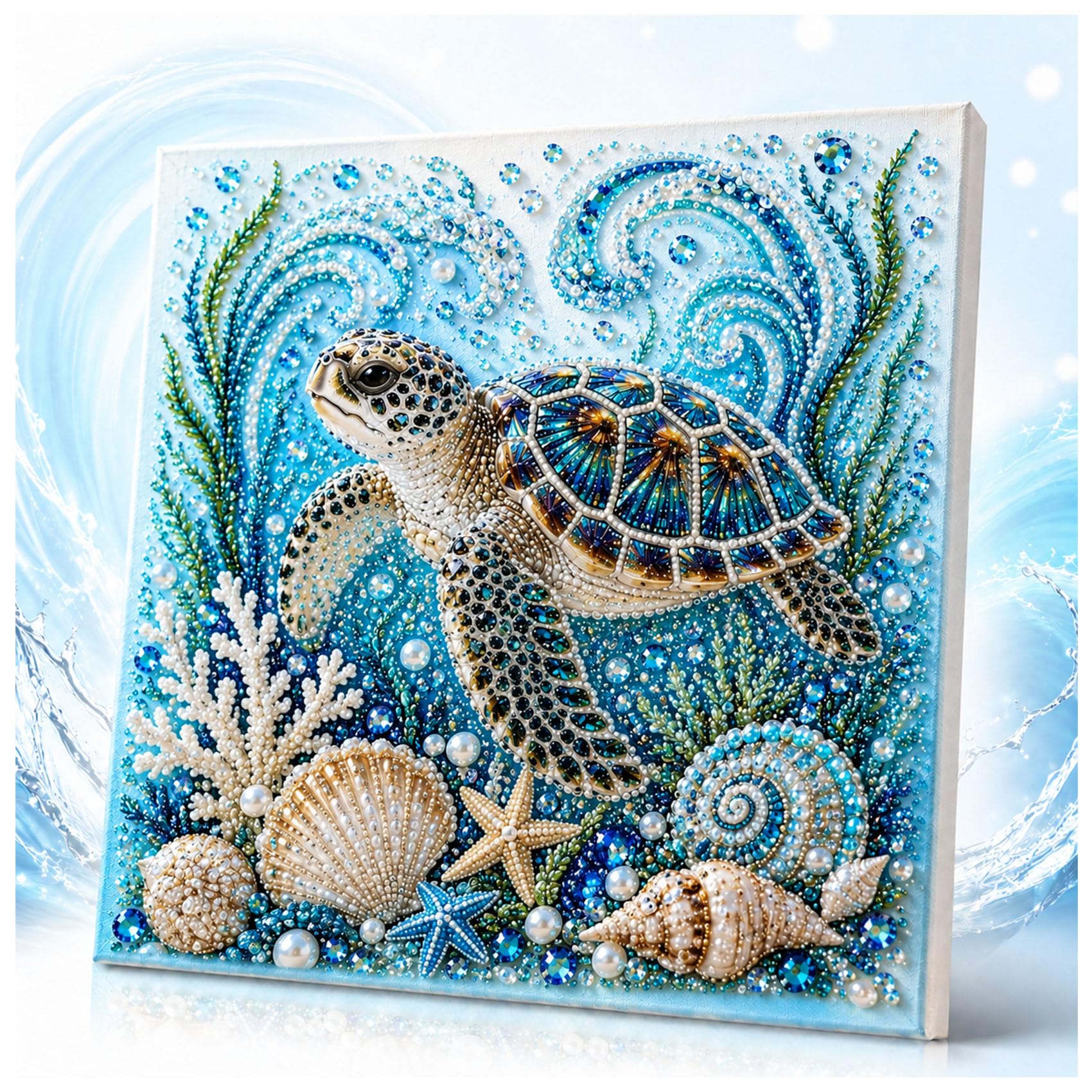 Jeeeun Ocean Theme Pearl Art DIY Kit, Pearl Art Kits for Adults and Beginners with 3D Resin Pearls and Rhinestones, Coastal Wall Decor (Sea Turtle)