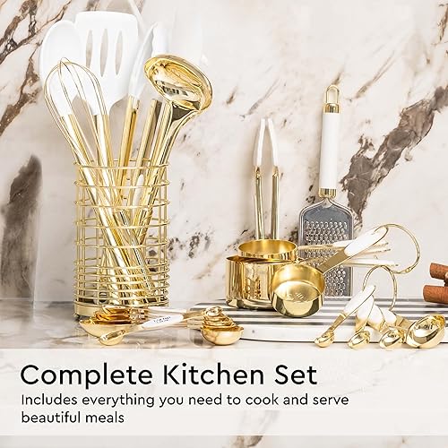 Miniatura 7 de Juego de utensilios de cocina blancos y dorados, 23 piezas de accesorios de cocina de lujo blanco y dorado, incluye tazas medidoras y cucharas