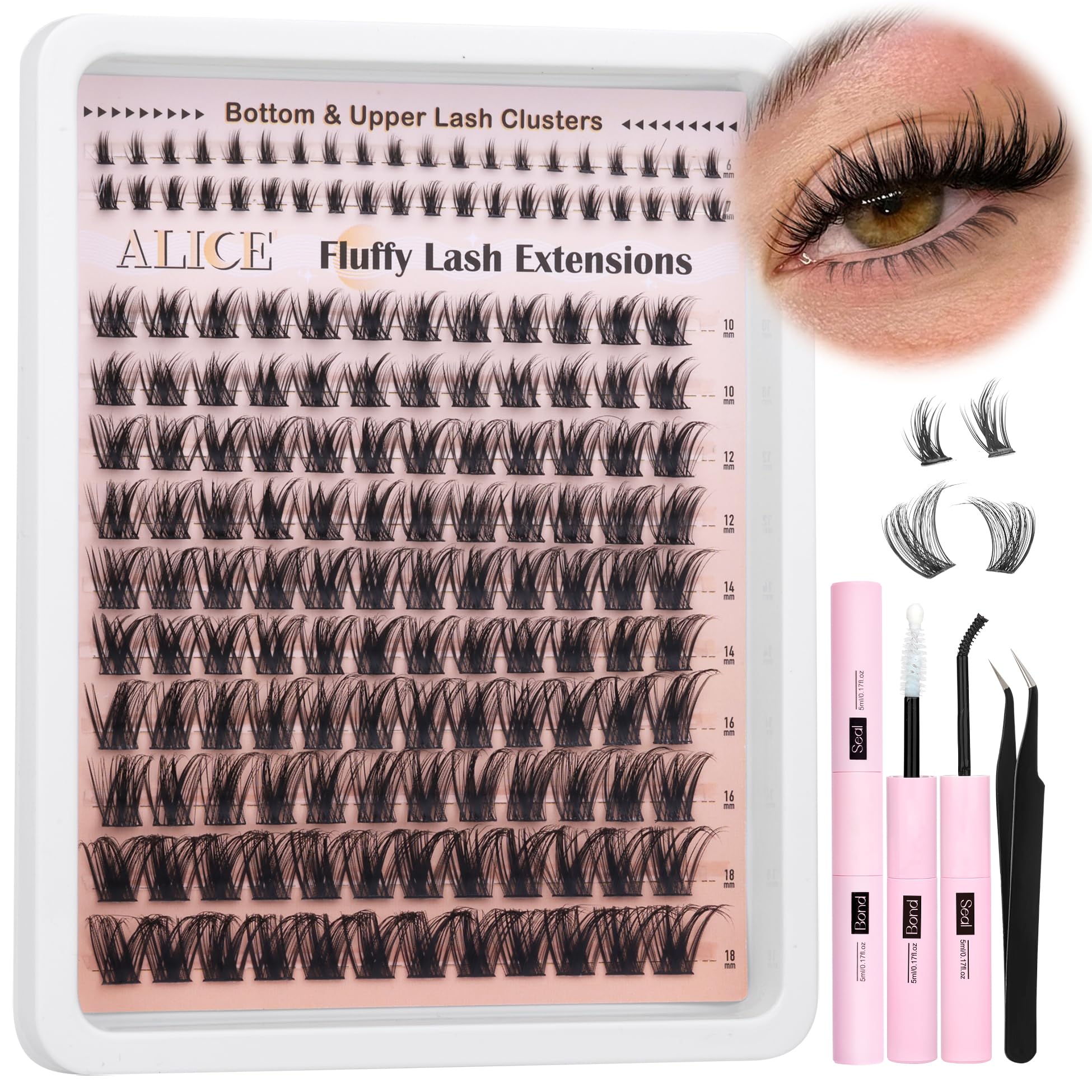 ALICE Wispy Lash Clusters Kit Cluster Eyelash Extension Kit 6-18mm Volume Lash Extensions Kit CD-Curly Individual Lashes Kit with Bottom Lashes Bond and Seal DIY at Home