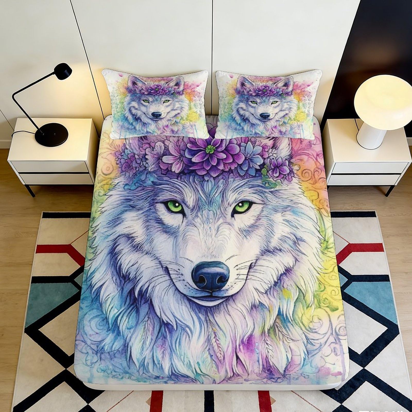 3D Printed Colorful Wolf Floral Crown Fitted Sheet Microfiber Soft Breathable Vibrant Wolf Head Bed Cover for Bedroom Dormitory Guest Room Mattress Protection 120x200x25cm