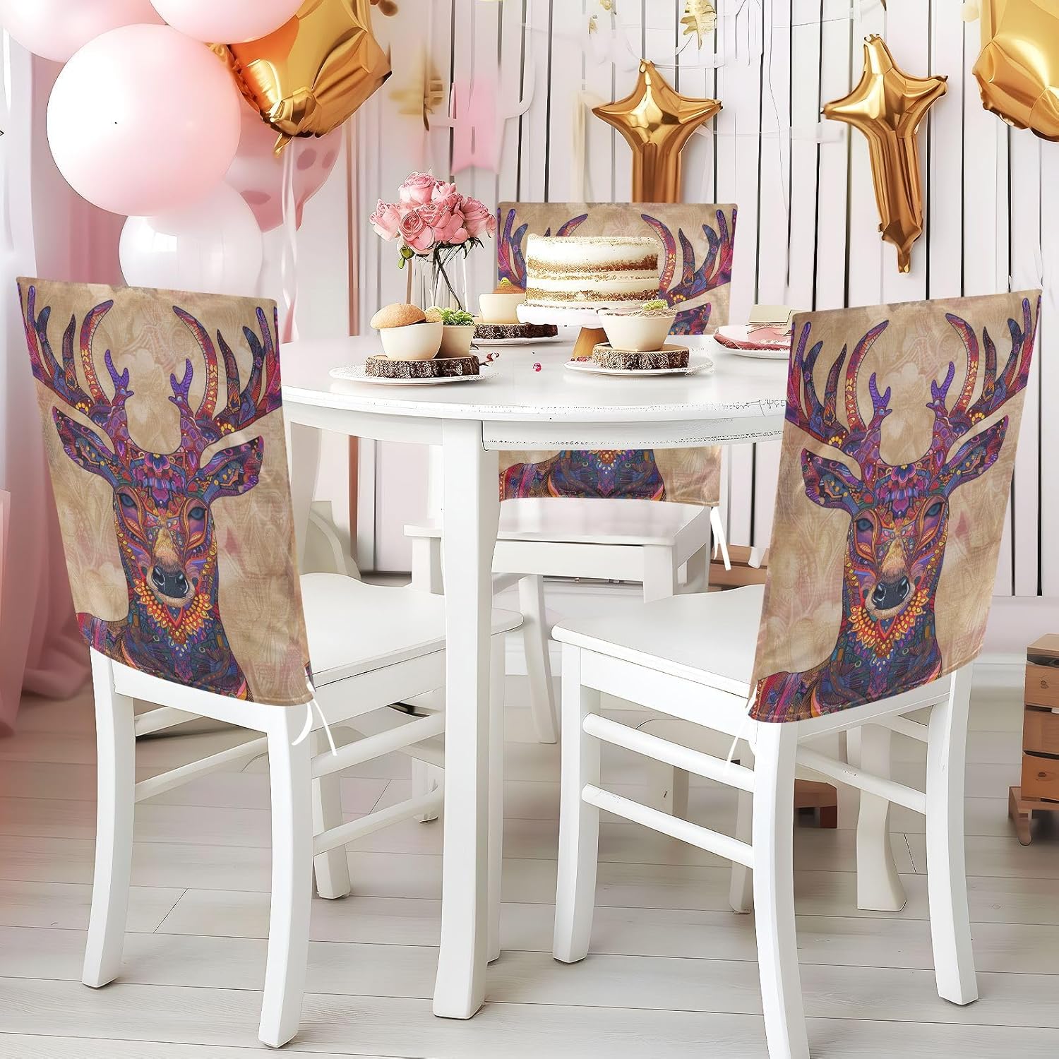 ALAZA Boho Deer Chair Back Cover Set of 6, Washable Reusable Removable Chair Slipcovers Decorative Chair Cover for Home Kitchen Wedding Party