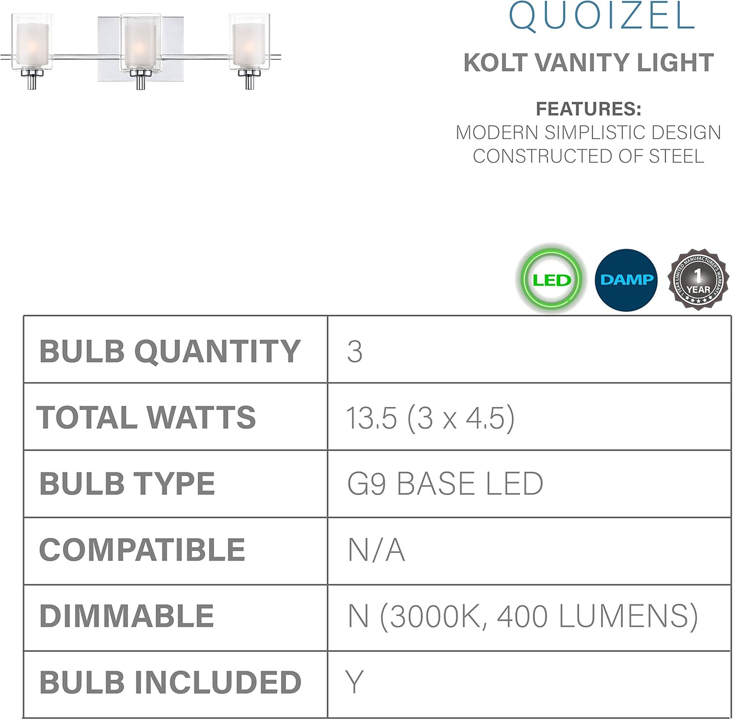 Bеѕt Cуbеr Dеаlѕ 🔥 Quoizel KLT8603CLED Kolt Modern Vanity Bath Lighting, 3-Light, LED 13.5 Watts, Polished Chrome (6 H x 21 W)