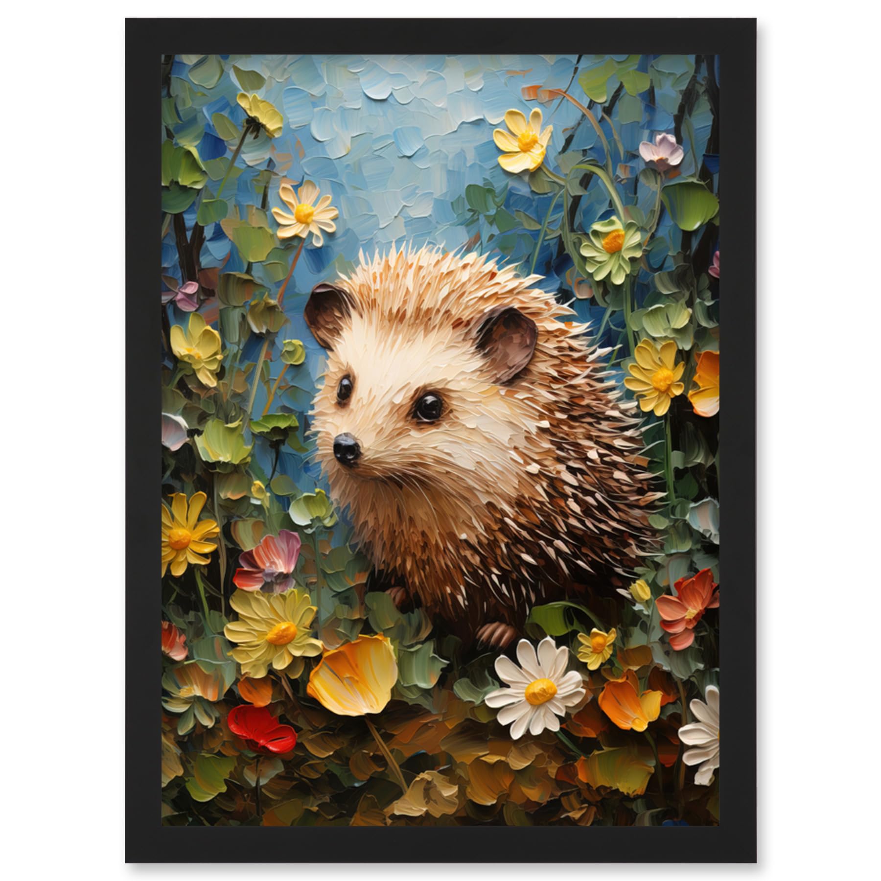 Artery8 Hedgehog Wildflower Meadow Thick Paint Oil Painting Kids Bedroom Cute Woodland Creature Artwork Framed Wall Art Print A4