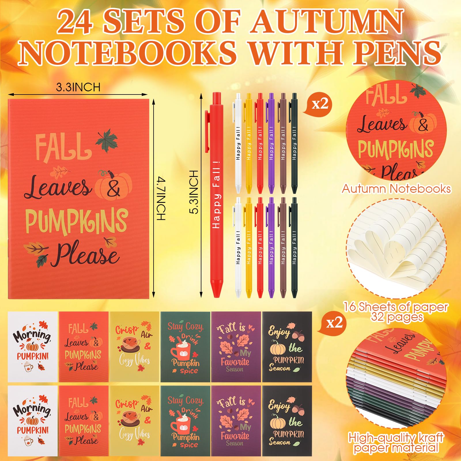 Thenshop 24 juegos/96 piezas de regalos de Acción de Gracias de otoño a granel de 16 onzas de taza de café reutilizable con tapa, mini cuadernos, bolígrafos, tarjetas y bolsas de regalo, regalos de