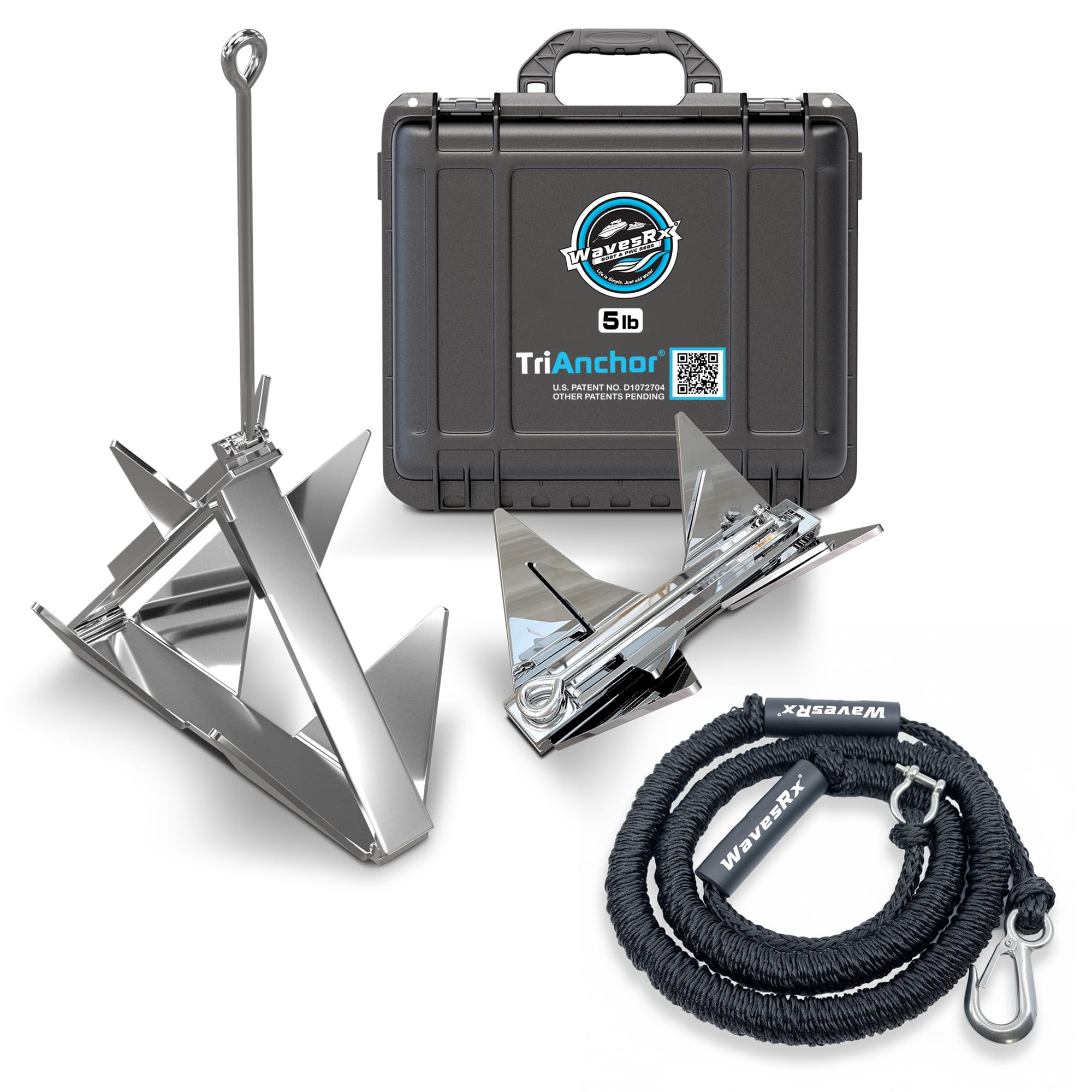 WAVESRX PWC Anchoring Bundle - 5lb TriAnchor with 7ft AnchorMate Bungee Line (Stretches to 25ft) | Effortless Anchoring for Jet Skis, Dinghies & Skiff Boats | Unique Folding Design with Storage Case