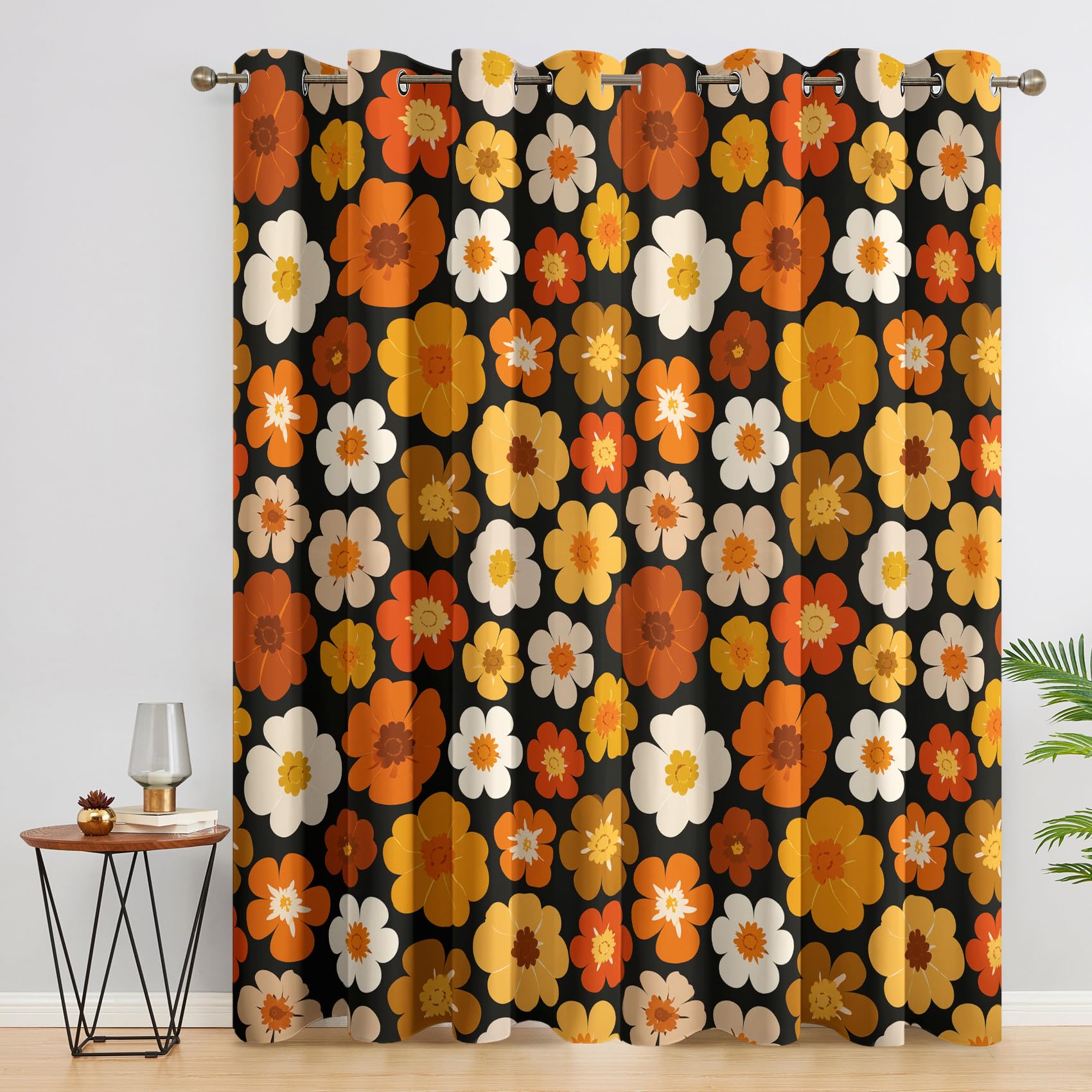Rideau Hippie Occultant Motif Fleur Orange Jaune Retro Années 70 Rideaux Chambre Salon Cuisine Fenêtre 140 x 245 cm, Oeillets Rail Rideaux Occultants Thermique