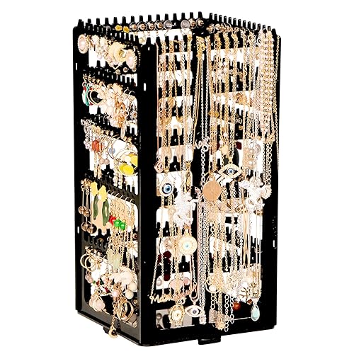 360 Rotating Earring Holder Organizer Stand,5 Tiers Acrylic Jewelry Organizers and Storage,Stud Earring Organizers Storage,228 Holes and 232 Grooves for Earrings Necklaces chain - 5-tier,black