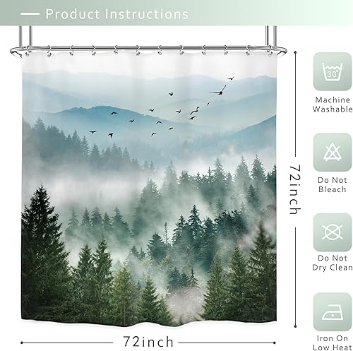 Miniatura 3 de Riyidecor Cortina de ducha de bosque brumoso, 72 pulgadas de ancho x 72 pulgadas de alto, montaña brumosa, árbol ahumado, montaña, naturaleza, pino,