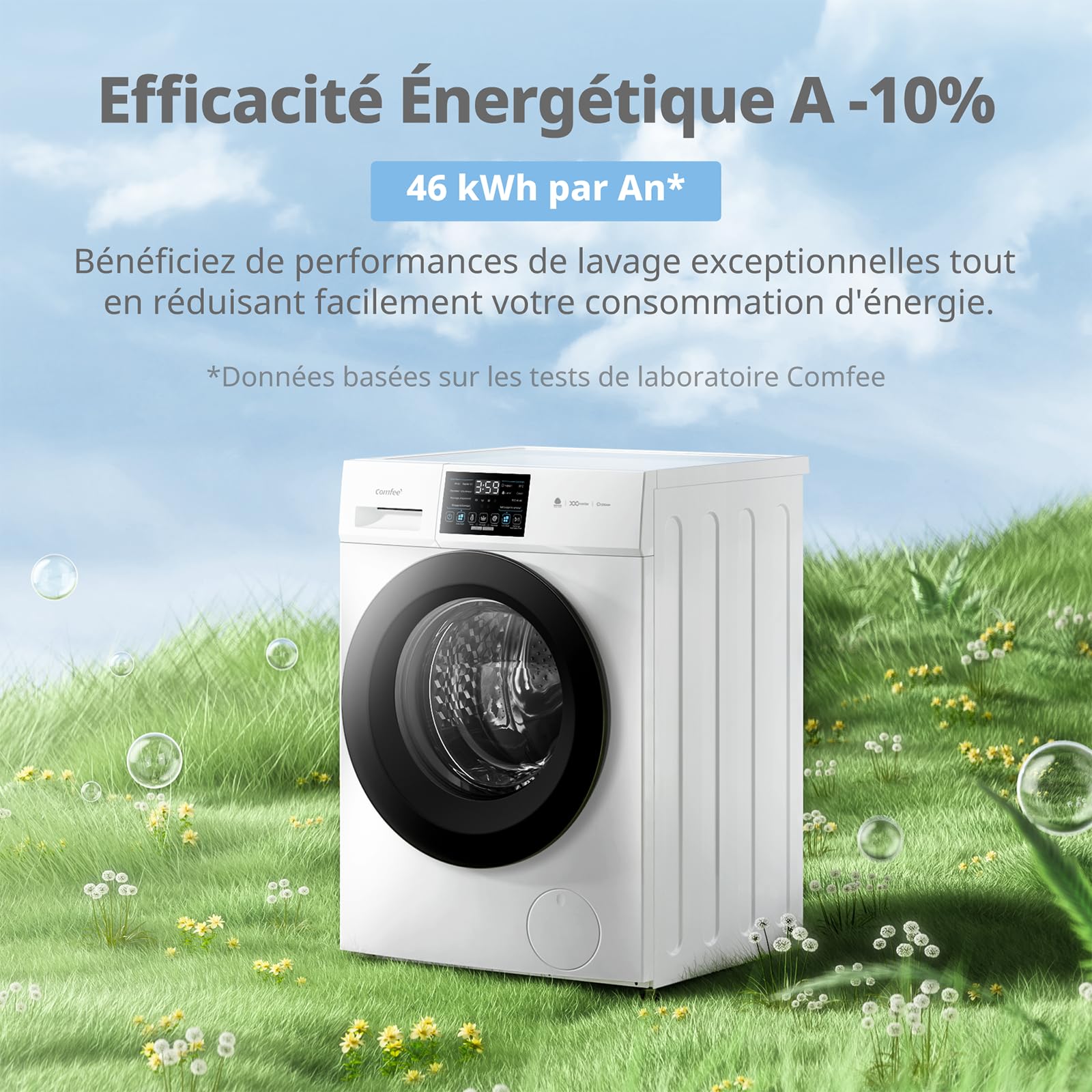 COMFEE' CFP03EW100W-FR Lave-linge autonome, Capacité 10KG, Classe A -10%, 12 programmes, Soin Vapeur, Moteur BLDC, Woolmark, Panneau Tactile, Blanc [Classe Énergétique A] [Energy Class A]